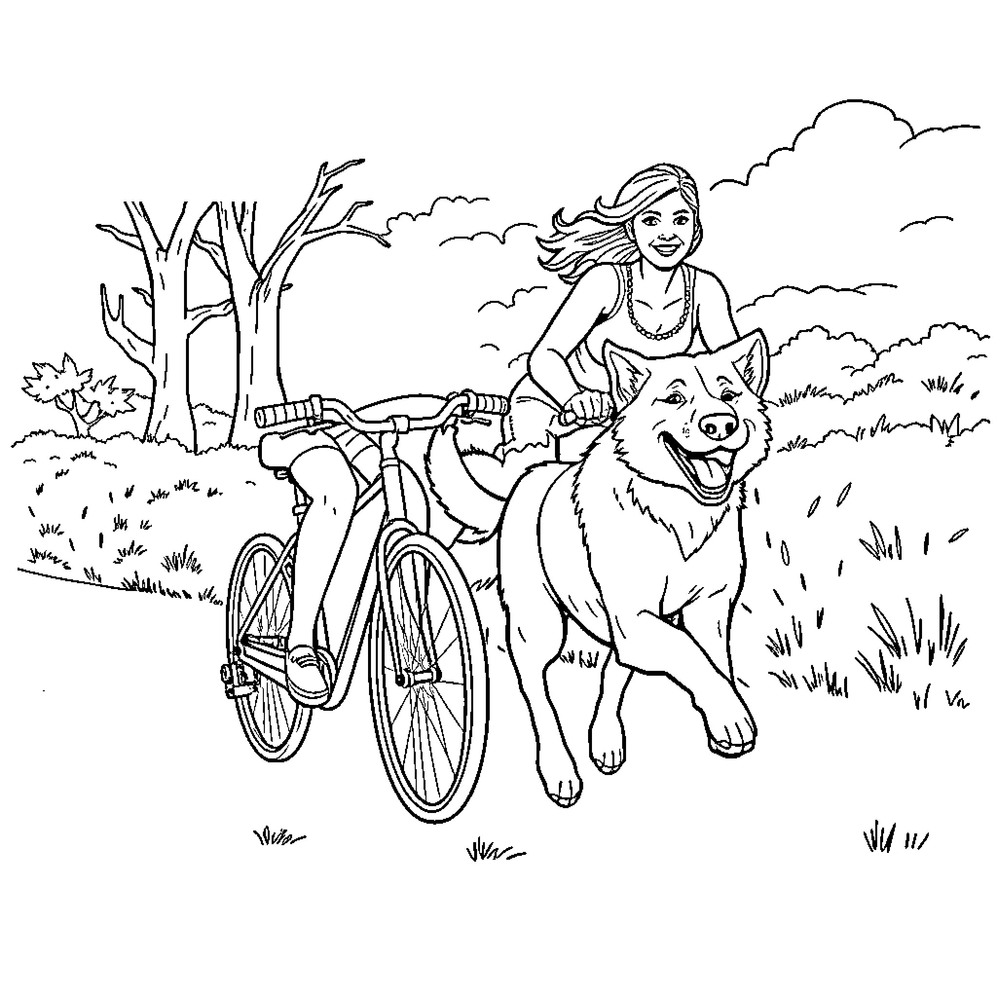 Healer exploring nature with her loyal companion Coloring Page (free black-and-white line drawing printable PDF for all, from beginners to advanced learners, including children, teens, adults, and seniors)