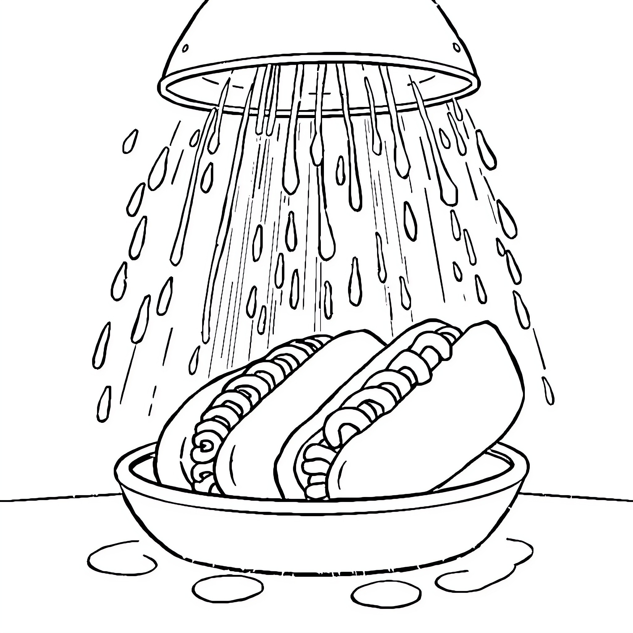 Hotdog shower under a rain of toppings Coloring Page (free black-and-white line drawing printable PDF for all, from beginners to advanced learners, including children, teens, adults, and seniors)