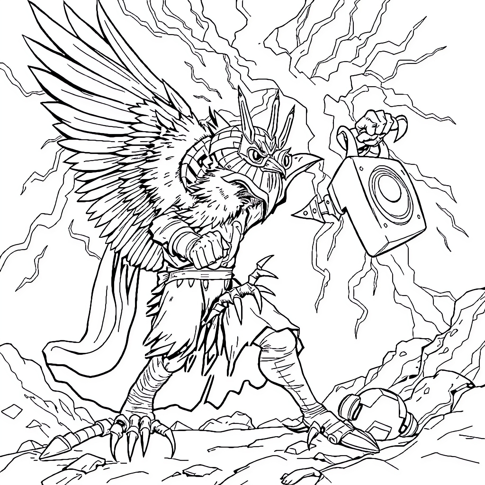 Bird warrior wielding powerful speaker in storm Coloring Page (free black-and-white line drawing printable PDF for all, from beginners to advanced learners, including children, teens, adults, and seniors)