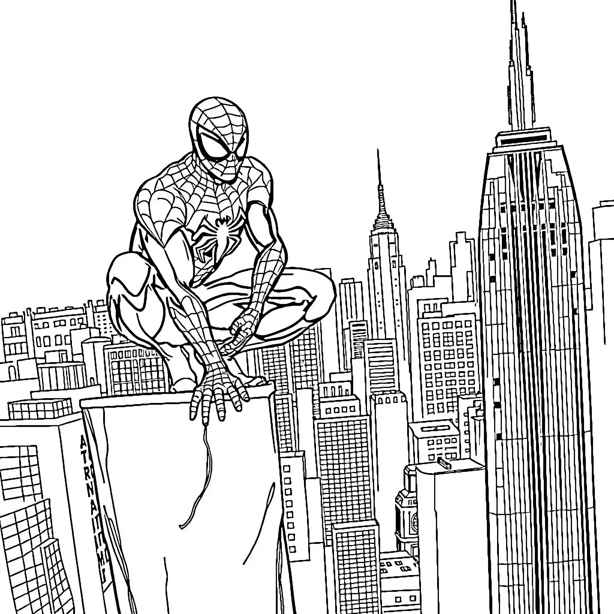 Spider-Man swinging over the city skyline Coloring Page (free black-and-white line drawing printable PDF for all, from beginners to advanced learners, including children, teens, adults, and seniors)