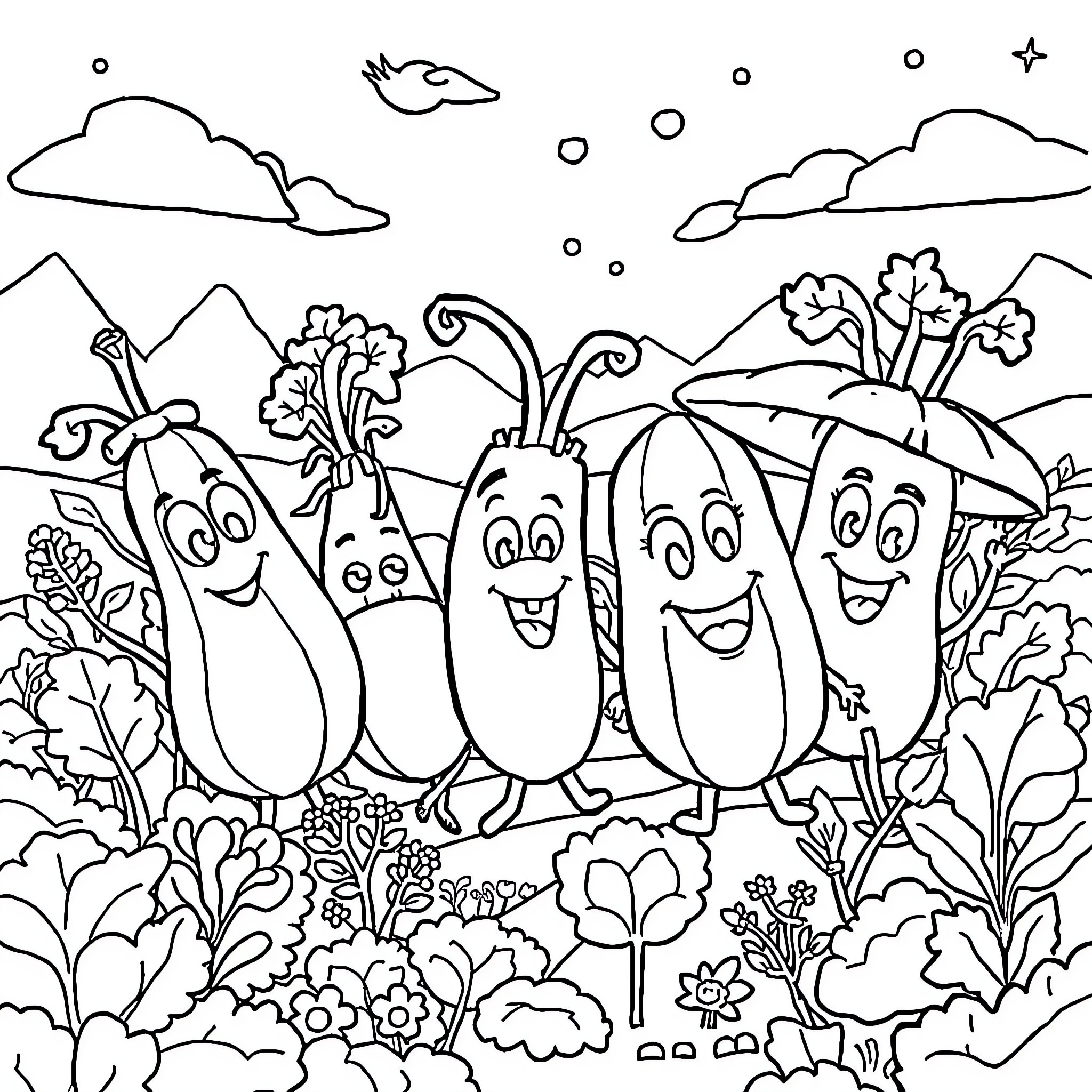 VeggieTales: Happy Veggies Frolicking in the Garden Coloring Page (free black-and-white line drawing printable PDF for all, from beginners to advanced learners, including children, teens, adults, and seniors)