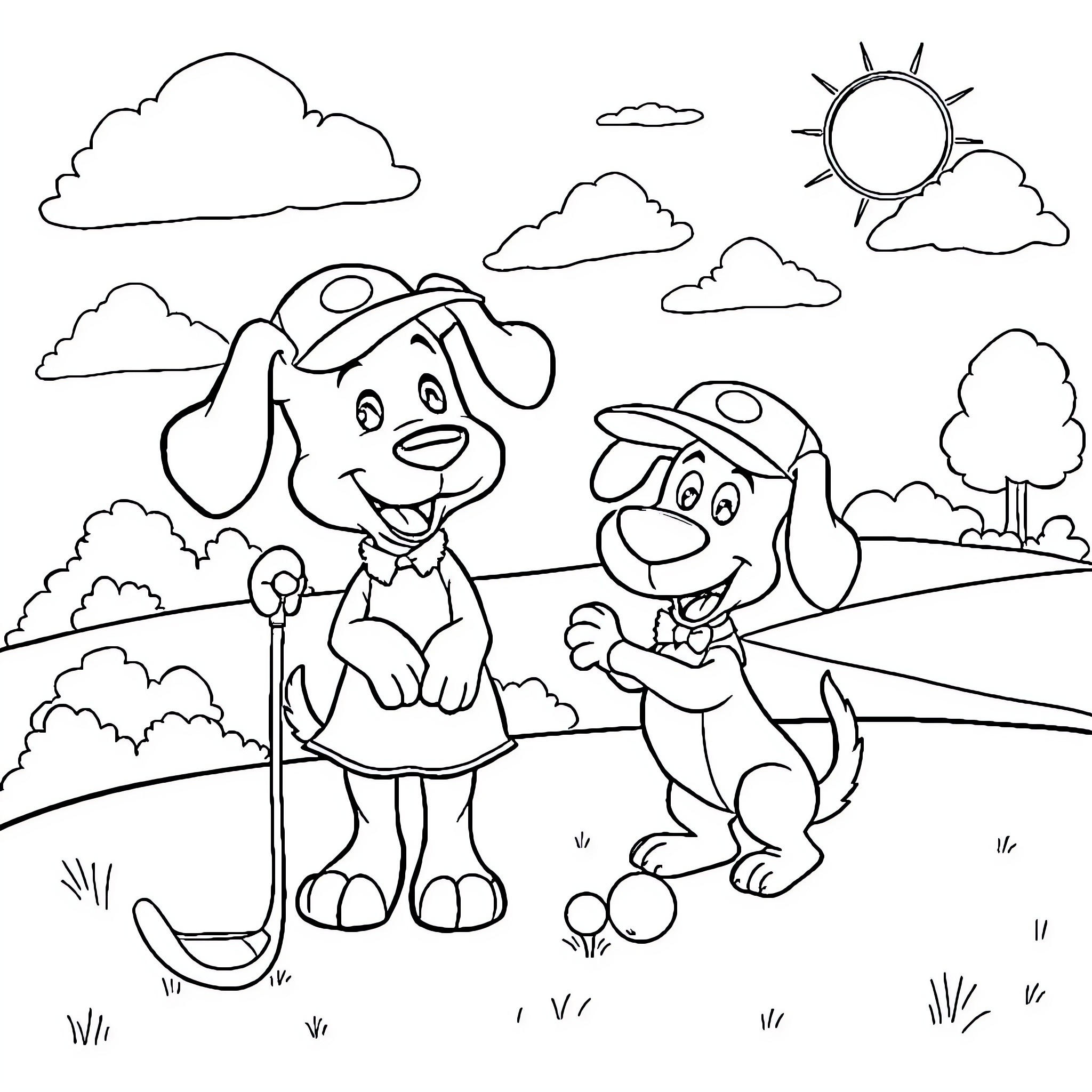 Blue Pups' Outdoor Adventure Coloring Page (free black-and-white line drawing printable PDF for all, from beginners to advanced learners, including children, teens, adults, and seniors)