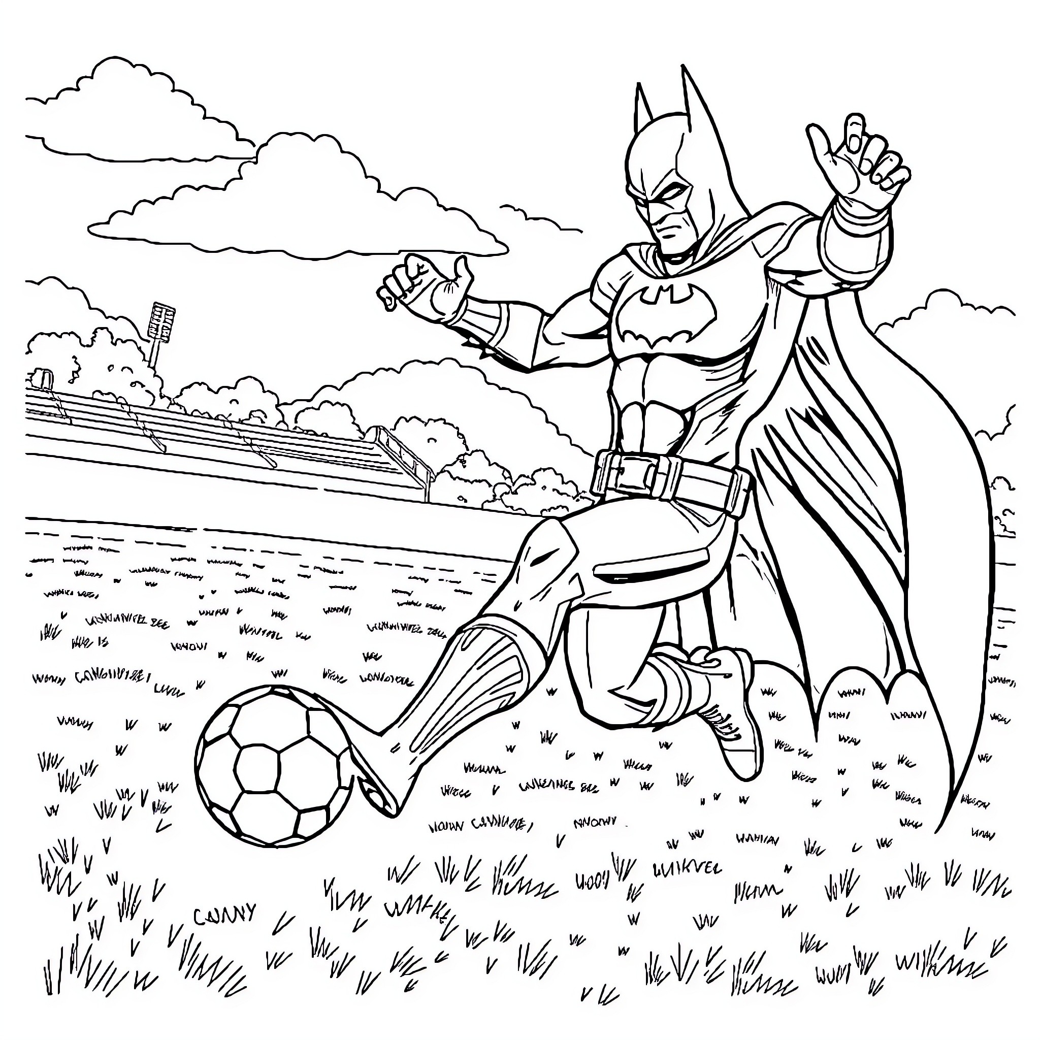 Batman kicking a soccer ball on the field Coloring Page (free black-and-white line drawing printable PDF for all, from beginners to advanced learners, including children, teens, adults, and seniors)