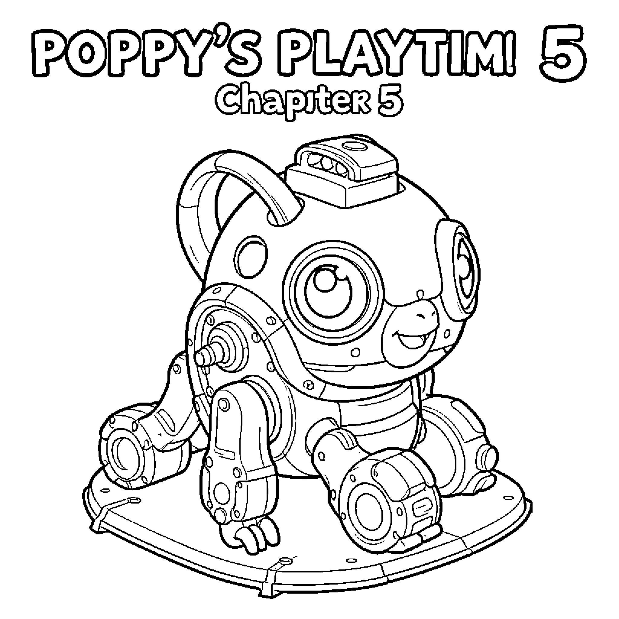 Prototype robotic pet playing Coloring Page (free black-and-white line drawing printable PDF for all, from beginners to advanced learners, including children, teens, adults, and seniors)