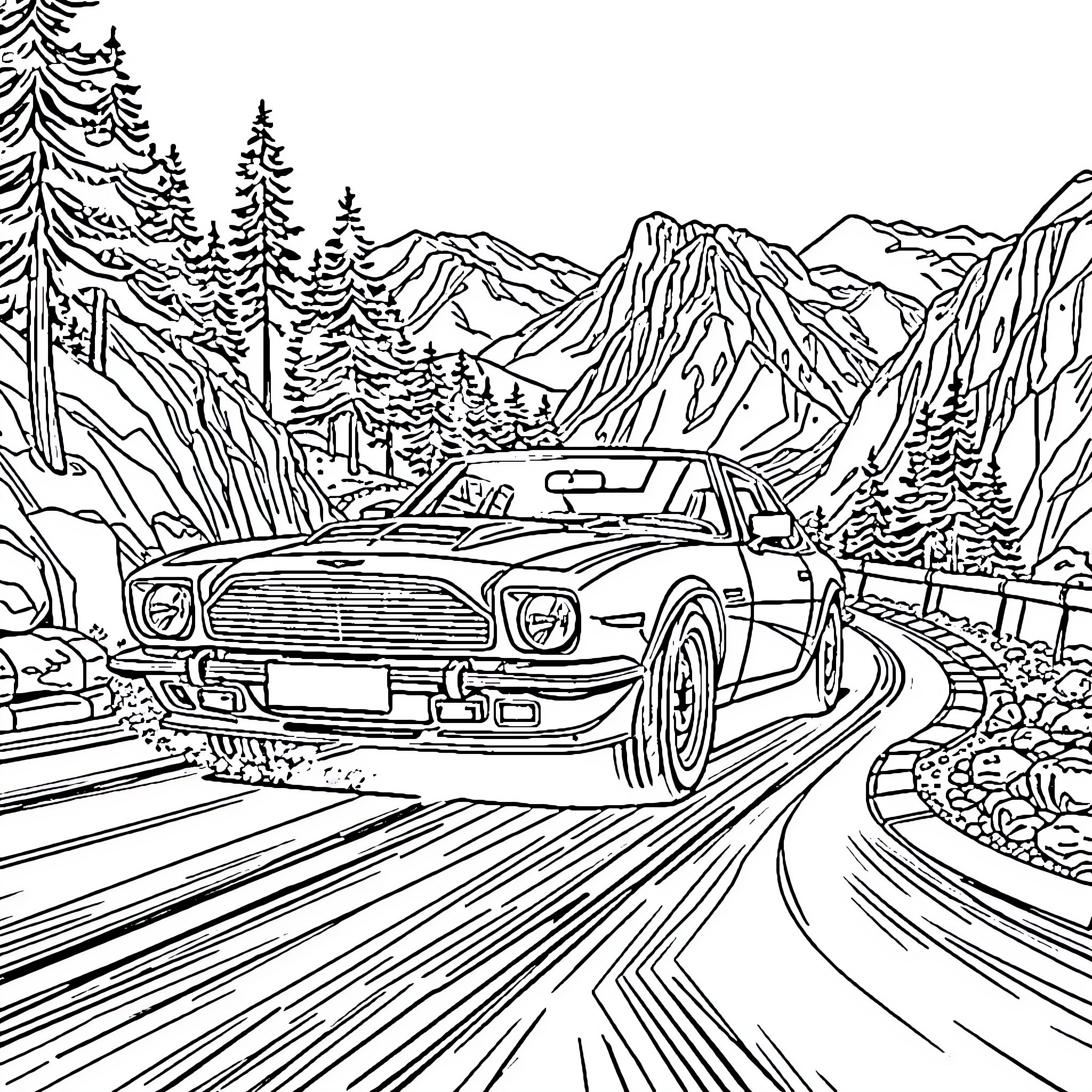Aston Martin sports car on mountain road Coloring Page (free black-and-white line drawing printable PDF for all, from beginners to advanced learners, including children, teens, adults, and seniors)