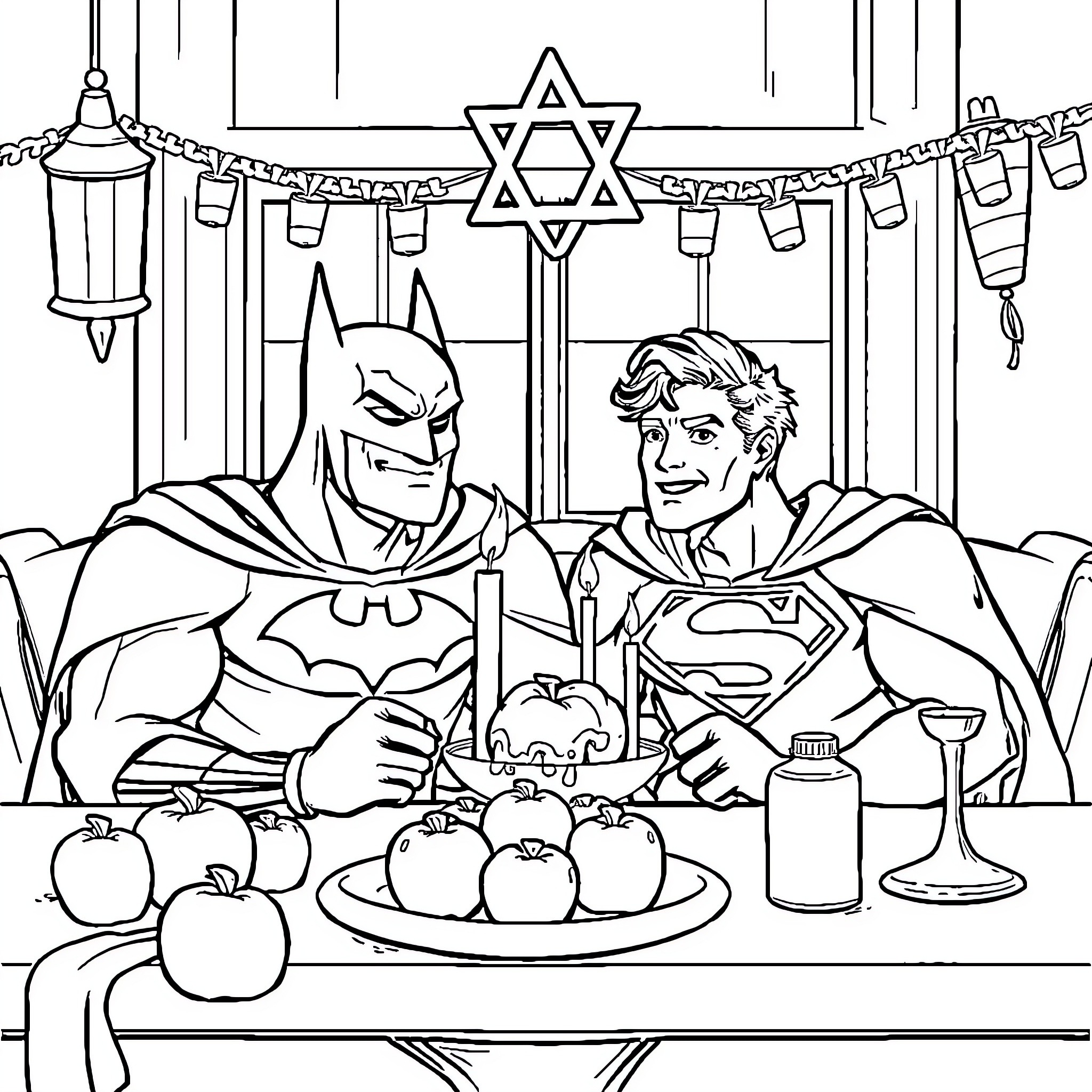 Batman and Superman Celebrate Shabbat Together Coloring Page (free black-and-white line drawing printable PDF for all, from beginners to advanced learners, including children, teens, adults, and seniors)
