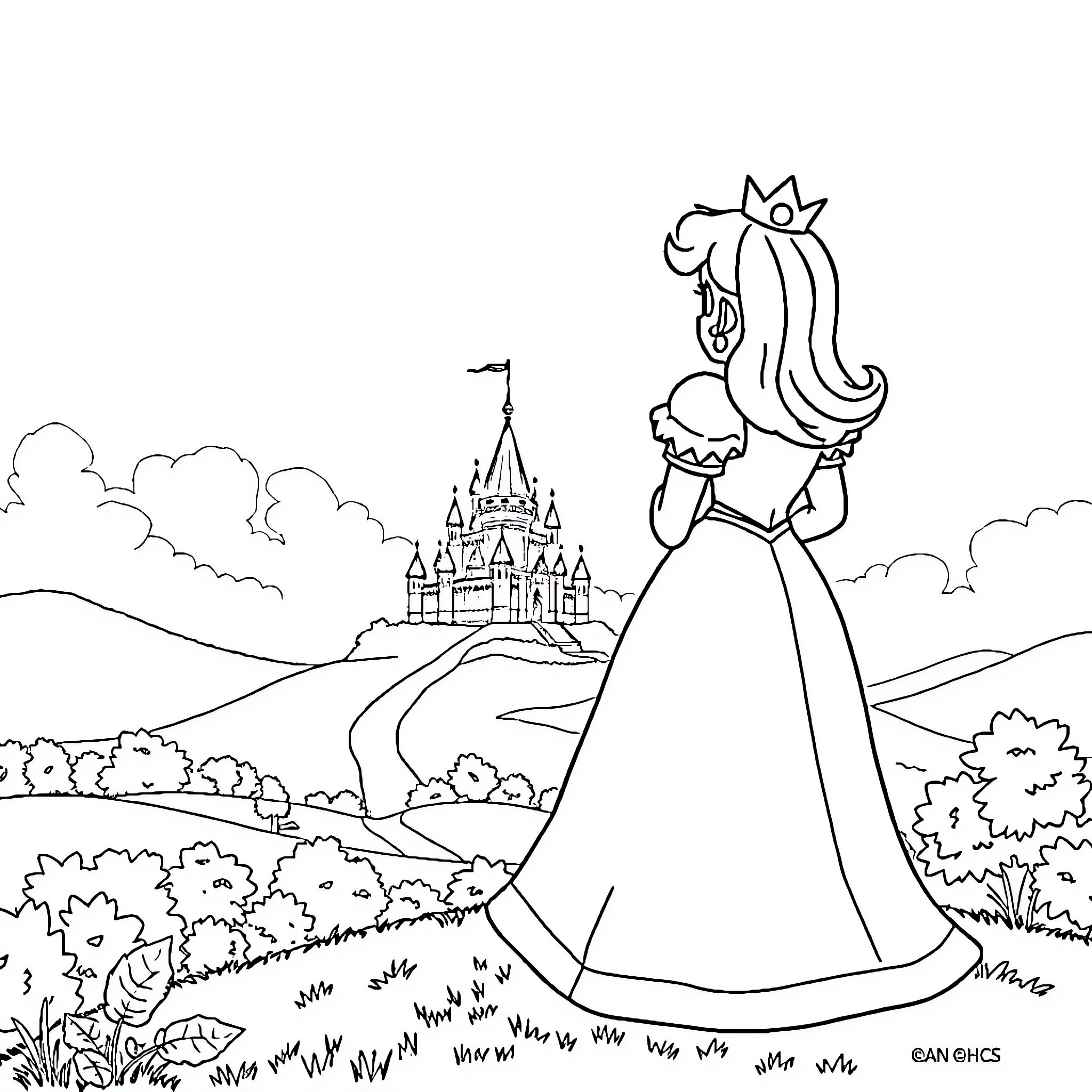 Princess exploring the enchanting castle landscape Coloring Page (free black-and-white line drawing printable PDF for all, from beginners to advanced learners, including children, teens, adults, and seniors)