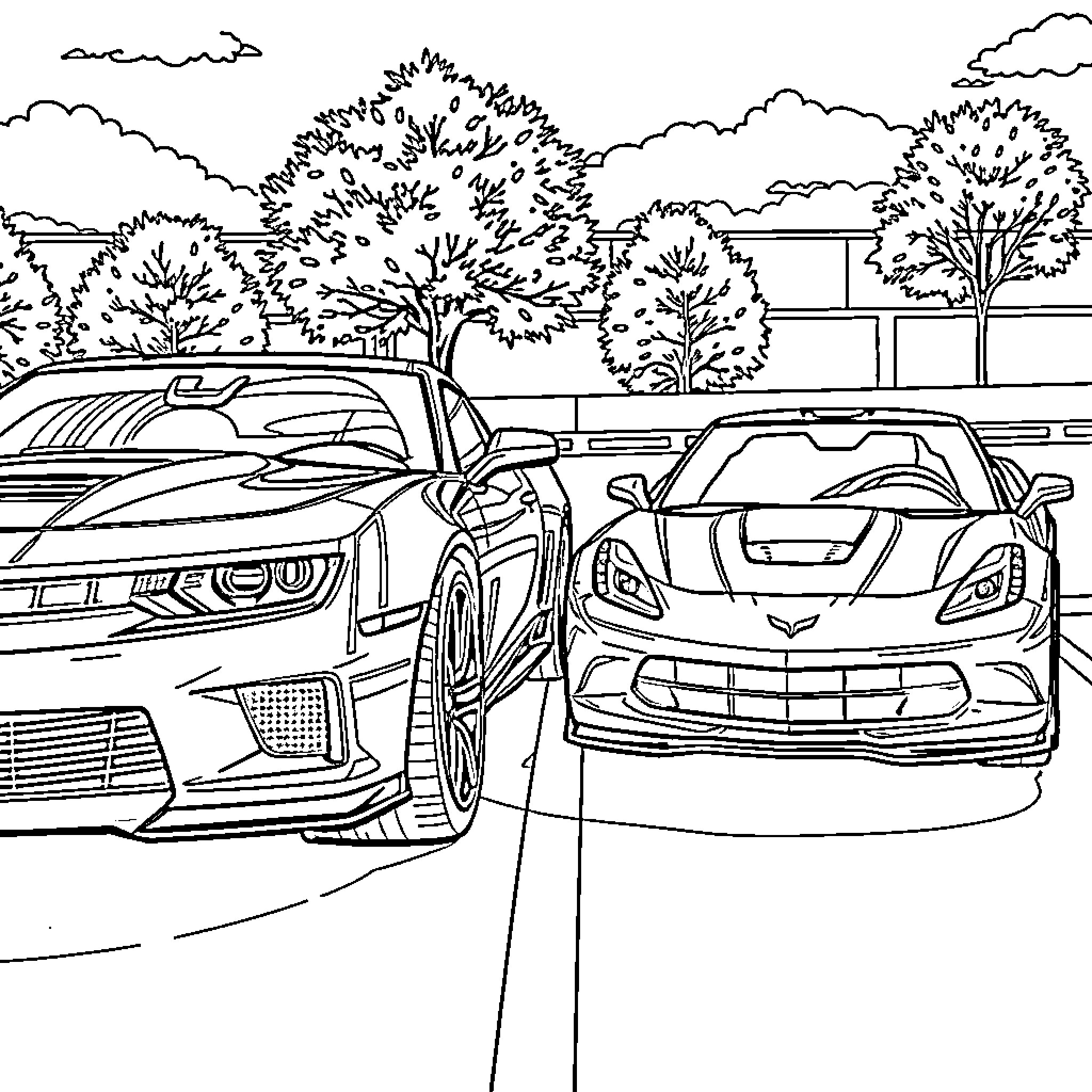 Car Showdown in Scenic Landscape Coloring Page (free black-and-white line drawing printable PDF for all, from beginners to advanced learners, including children, teens, adults, and seniors)