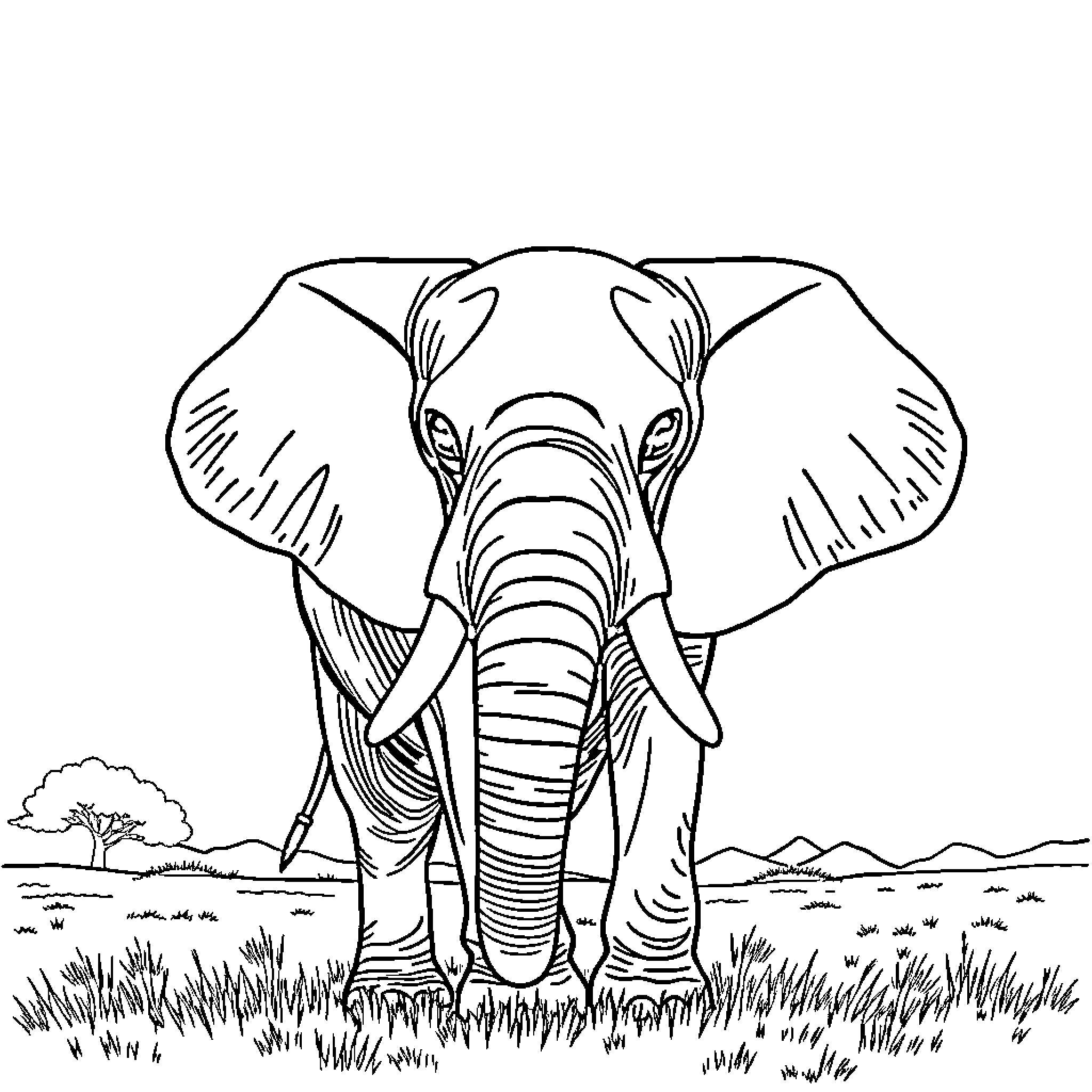Elephant in the Wild Savanna Coloring Page (free black-and-white line drawing printable PDF for all, from beginners to advanced learners, including children, teens, adults, and seniors)