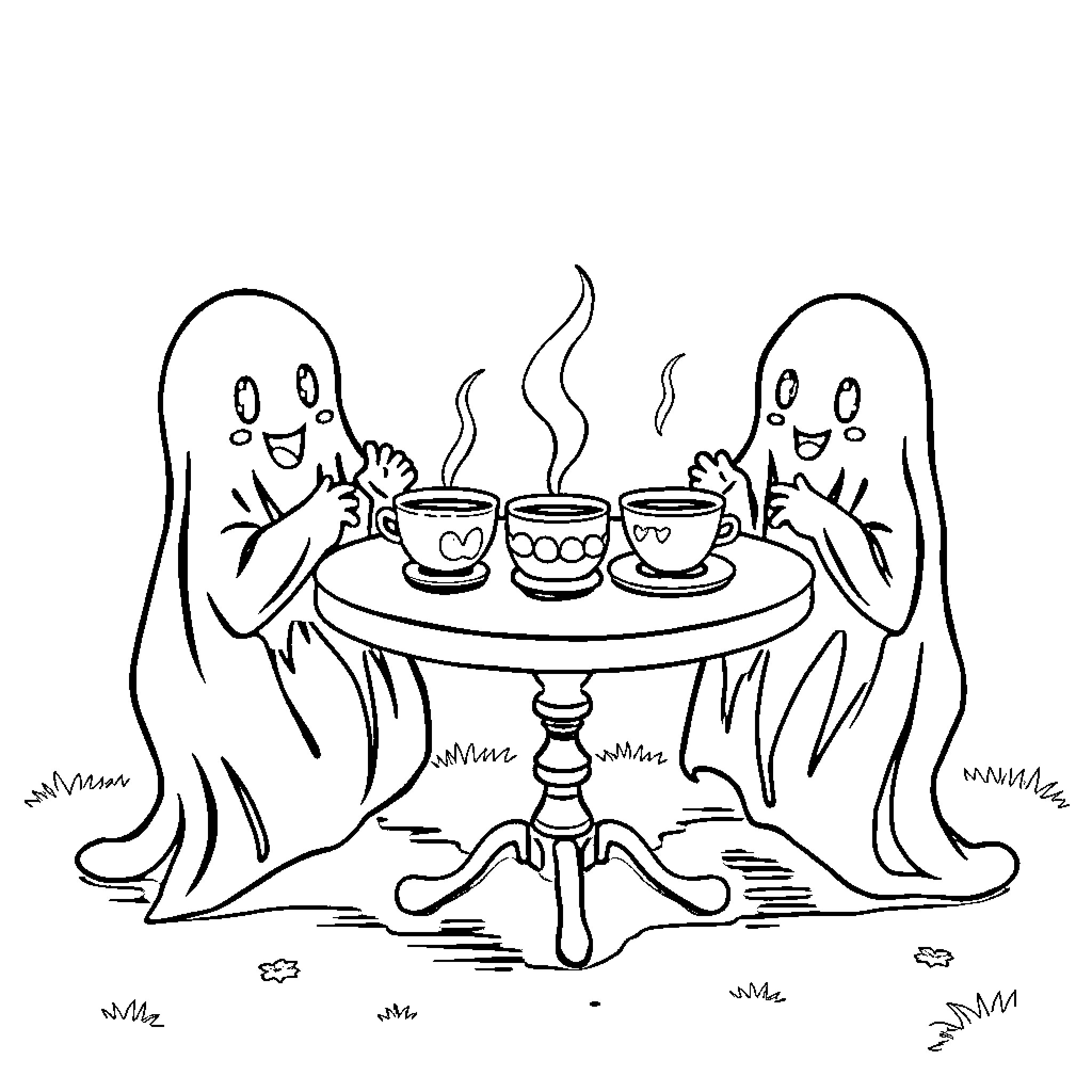 Ghost friends enjoying hot drinks at a table Coloring Page (free black-and-white line drawing printable PDF for all, from beginners to advanced learners, including children, teens, adults, and seniors)