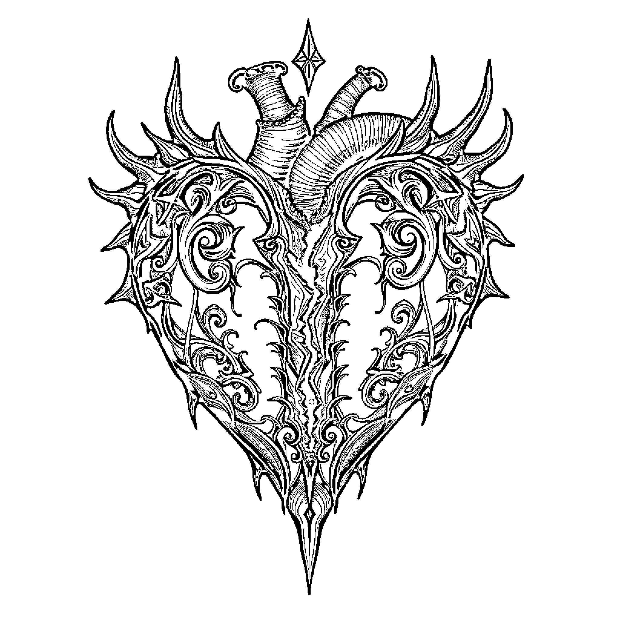 Heart-shaped Ornamental Dagger with Intricate Design Coloring Page (free black-and-white line drawing printable PDF for all, from beginners to advanced learners, including children, teens, adults, and seniors)
