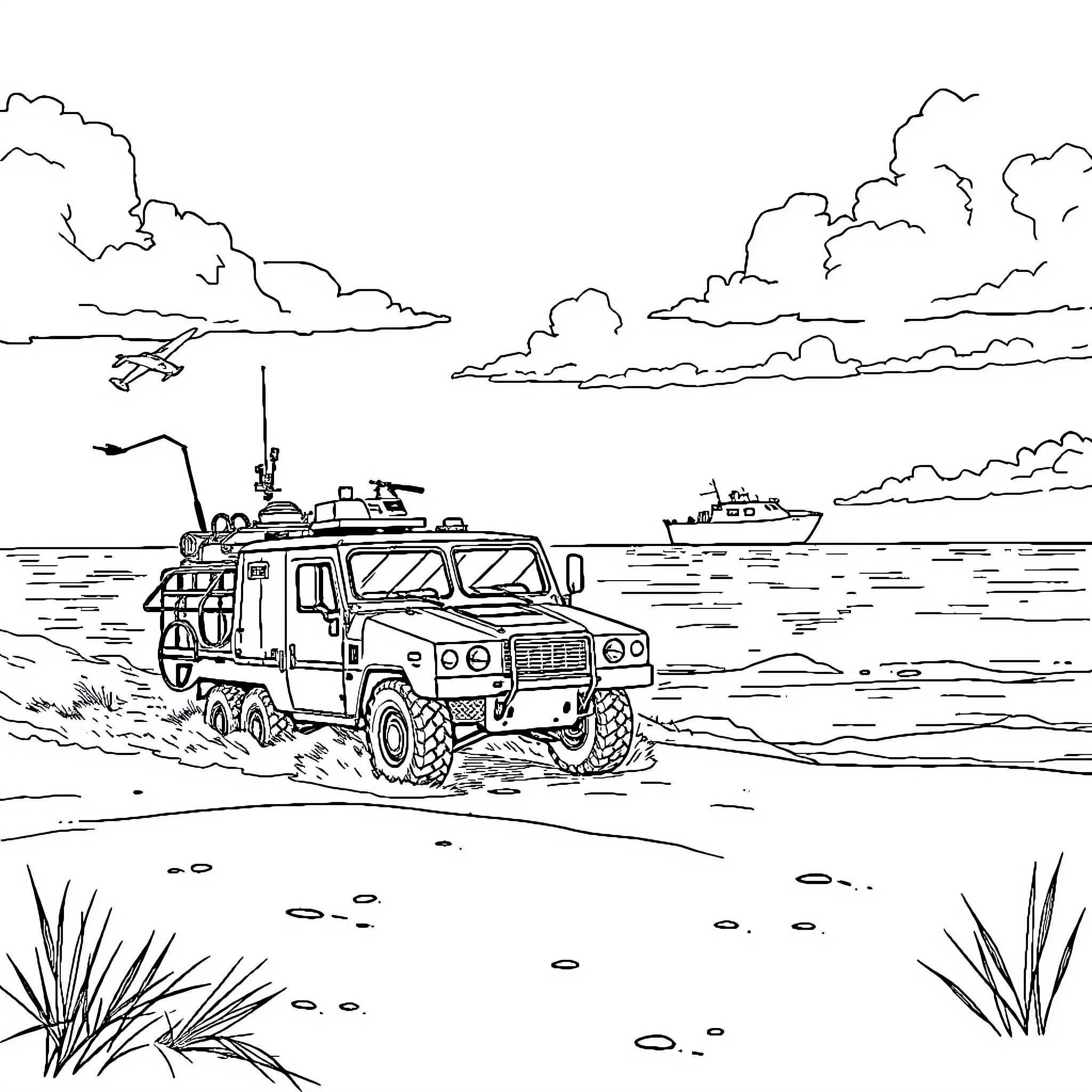 Military Boat Navigating Coastal Waters Coloring Page (free black-and-white line drawing printable PDF for all, from beginners to advanced learners, including children, teens, adults, and seniors)