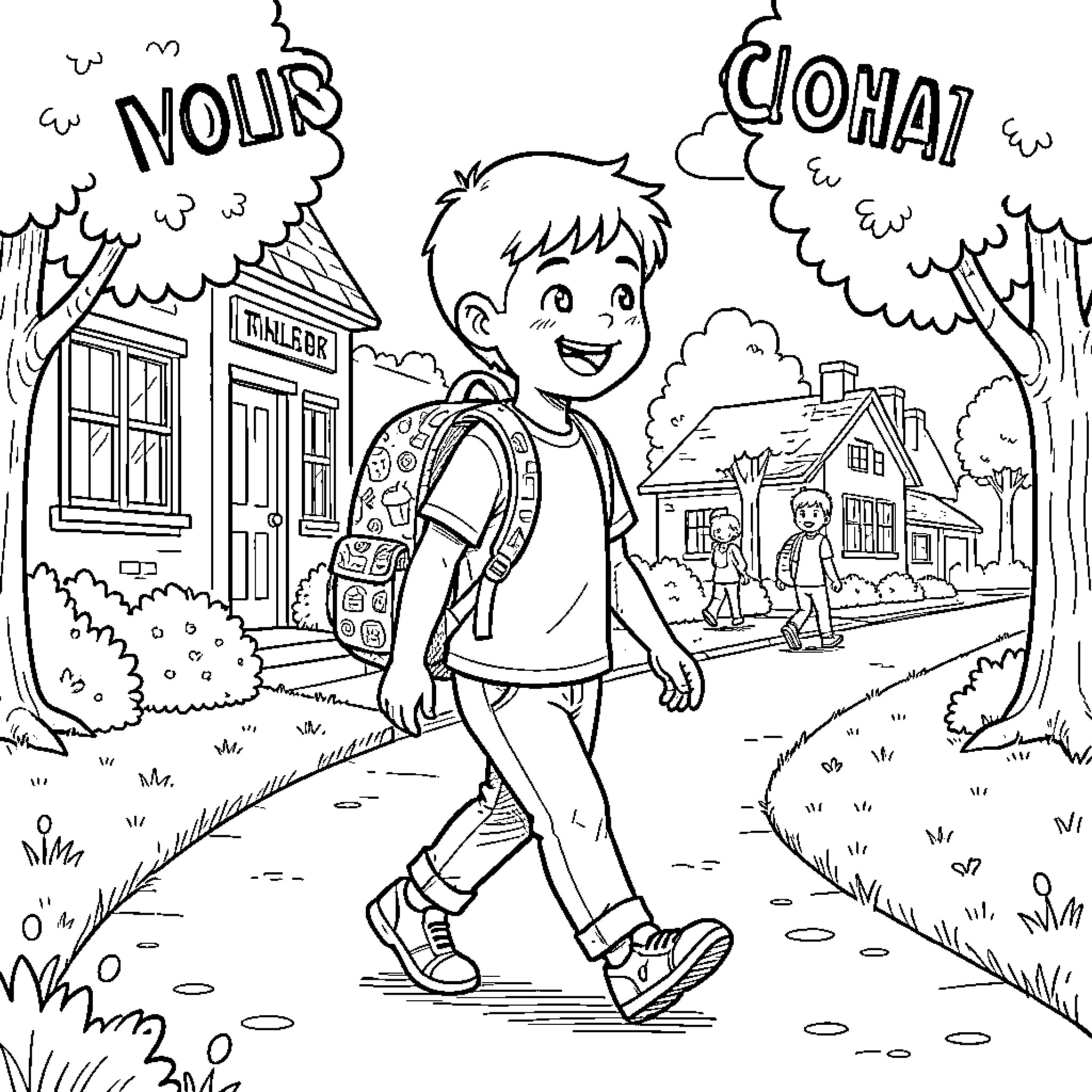 Boy walking happily in the town Coloring Page (free black-and-white line drawing printable PDF for all, from beginners to advanced learners, including children, teens, adults, and seniors)