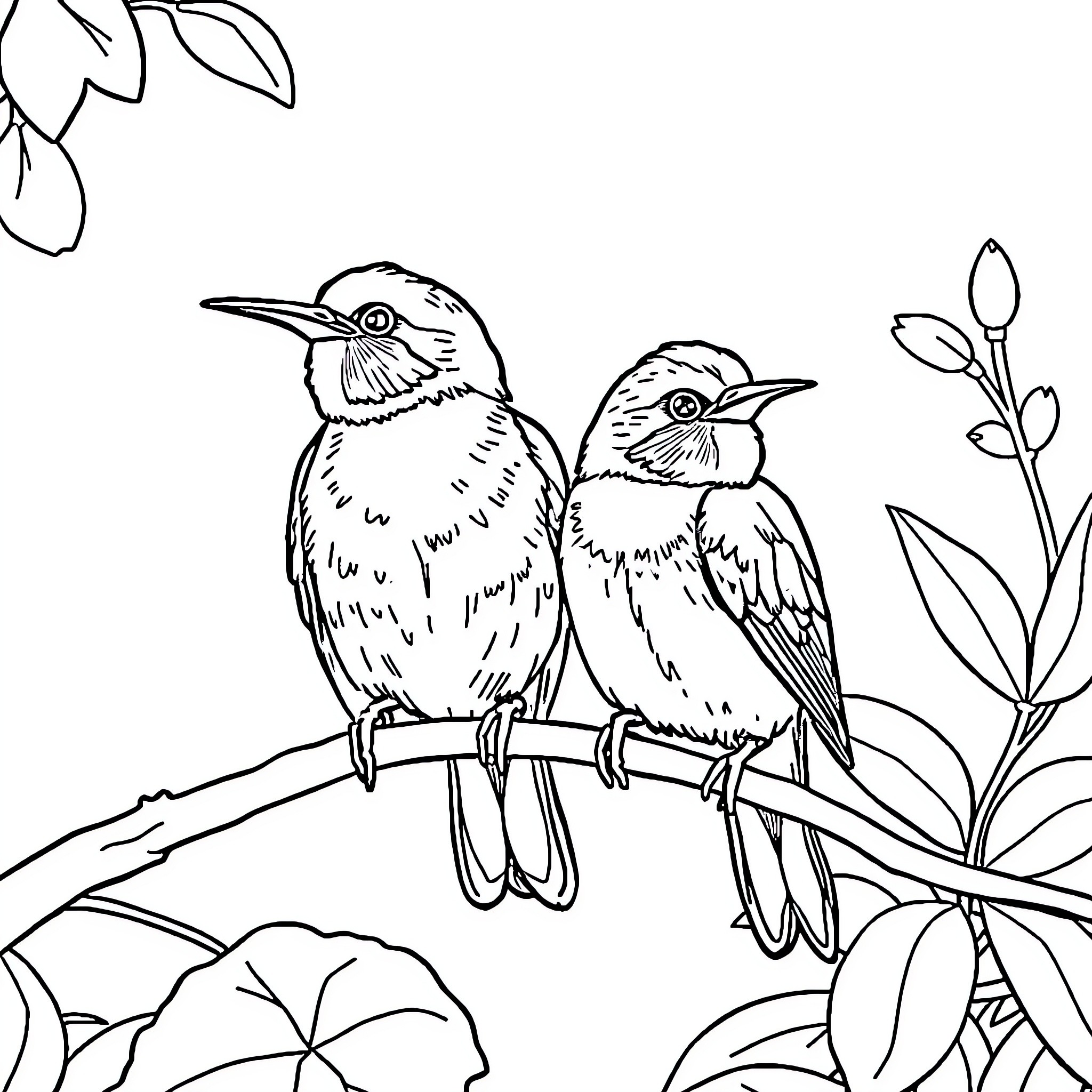 Birds perching on branch in natural setting Coloring Page (free black-and-white line drawing printable PDF for all, from beginners to advanced learners, including children, teens, adults, and seniors)