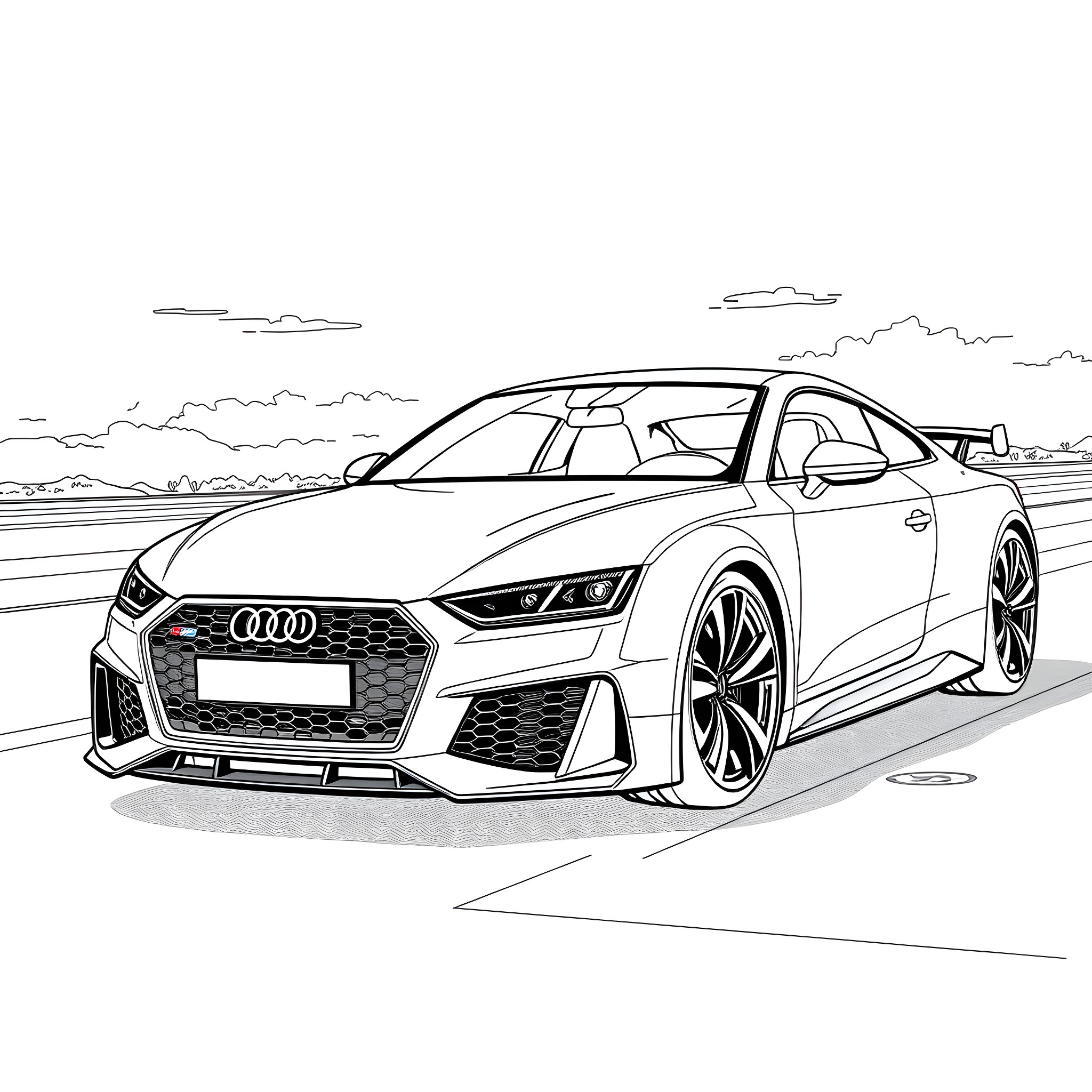 Rs7 high-performance sports car on the road Coloring Page (free black-and-white line drawing printable PDF for all, from beginners to advanced learners, including children, teens, adults, and seniors)