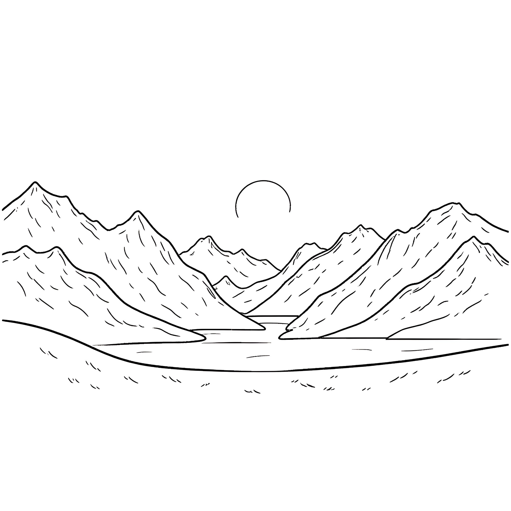 Sunset mountain landscape with lake Coloring Page (free black-and-white line drawing printable PDF for all, from beginners to advanced learners, including children, teens, adults, and seniors)