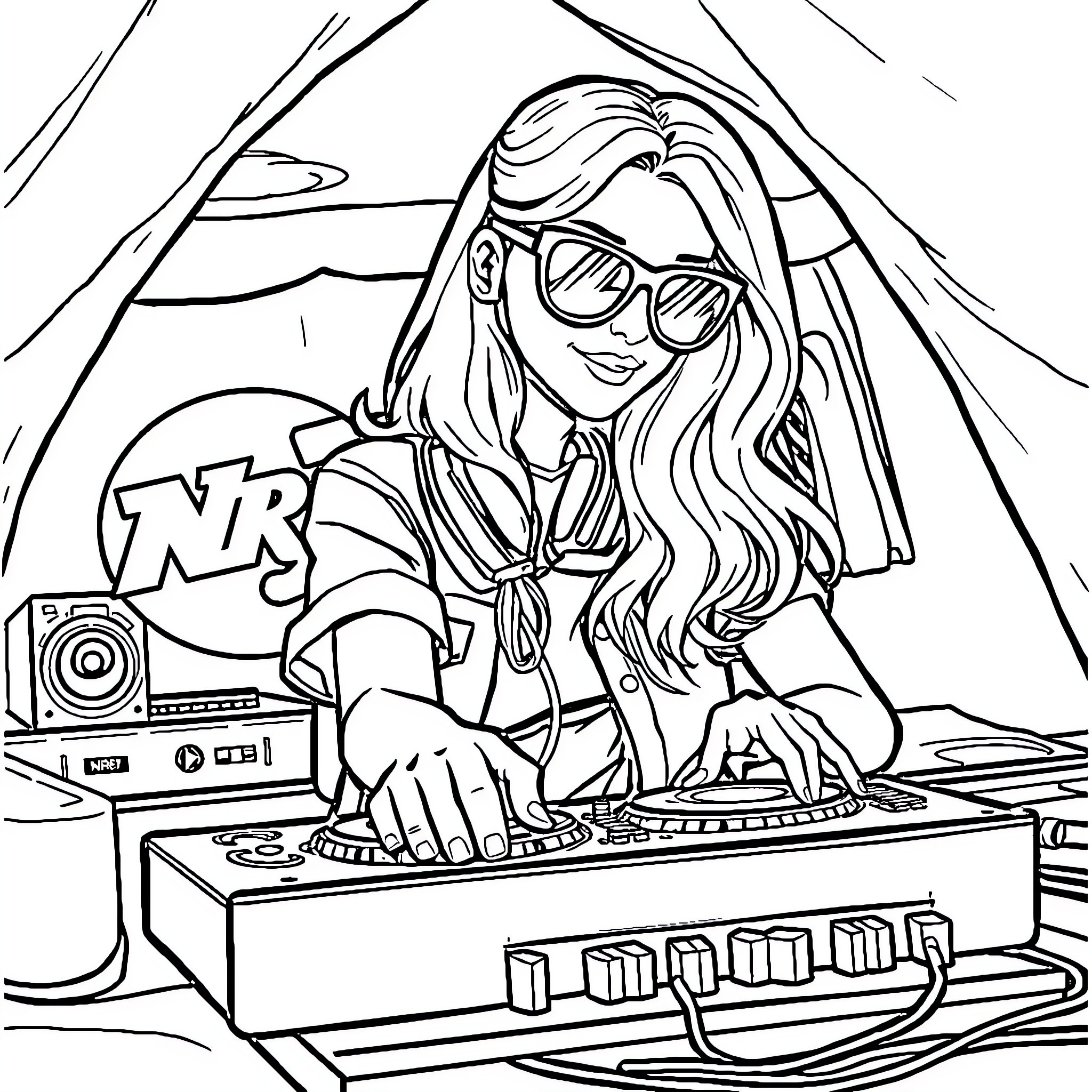 Disc Jockey Spinning Tunes with Style Coloring Page (free black-and-white line drawing printable PDF for all, from beginners to advanced learners, including children, teens, adults, and seniors)