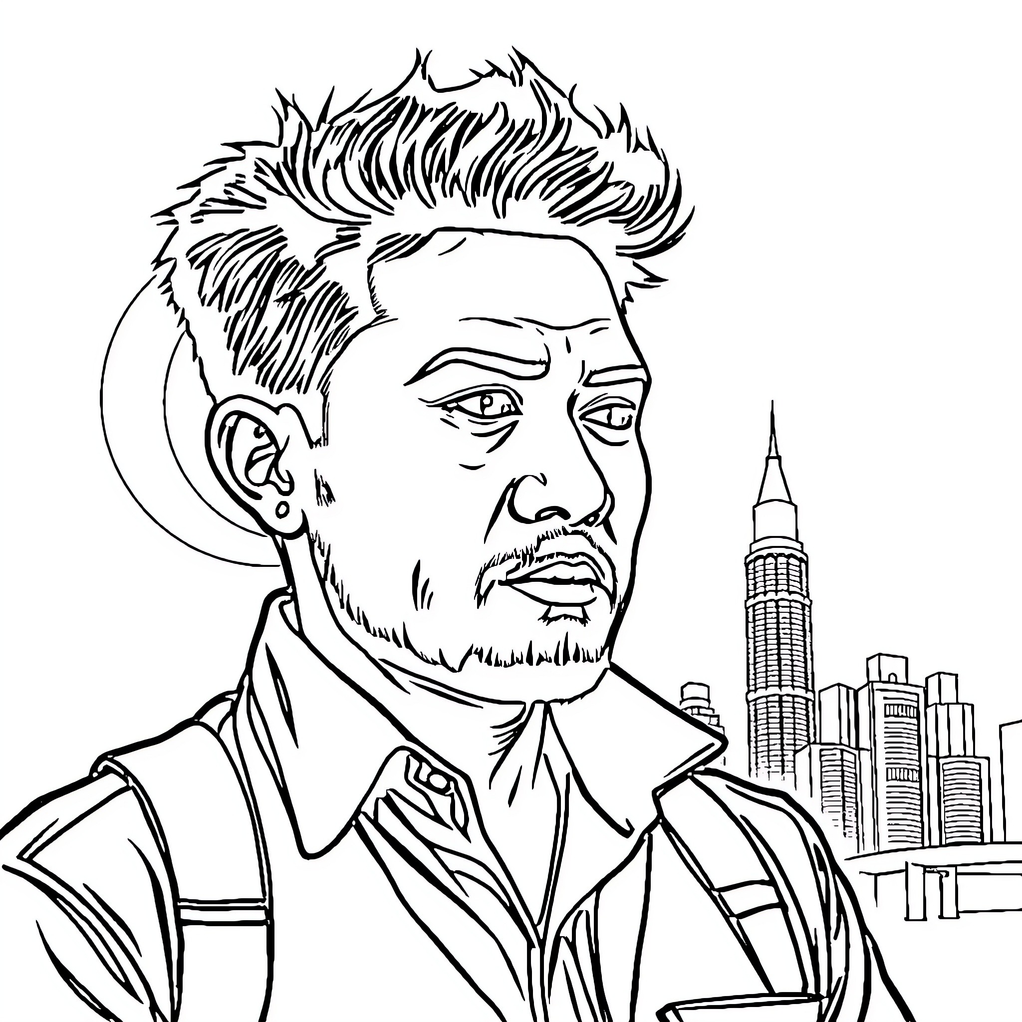 Man with unique hairstyle standing before a cityscape Coloring Page (free black-and-white line drawing printable PDF for all, from beginners to advanced learners, including children, teens, adults, and seniors)