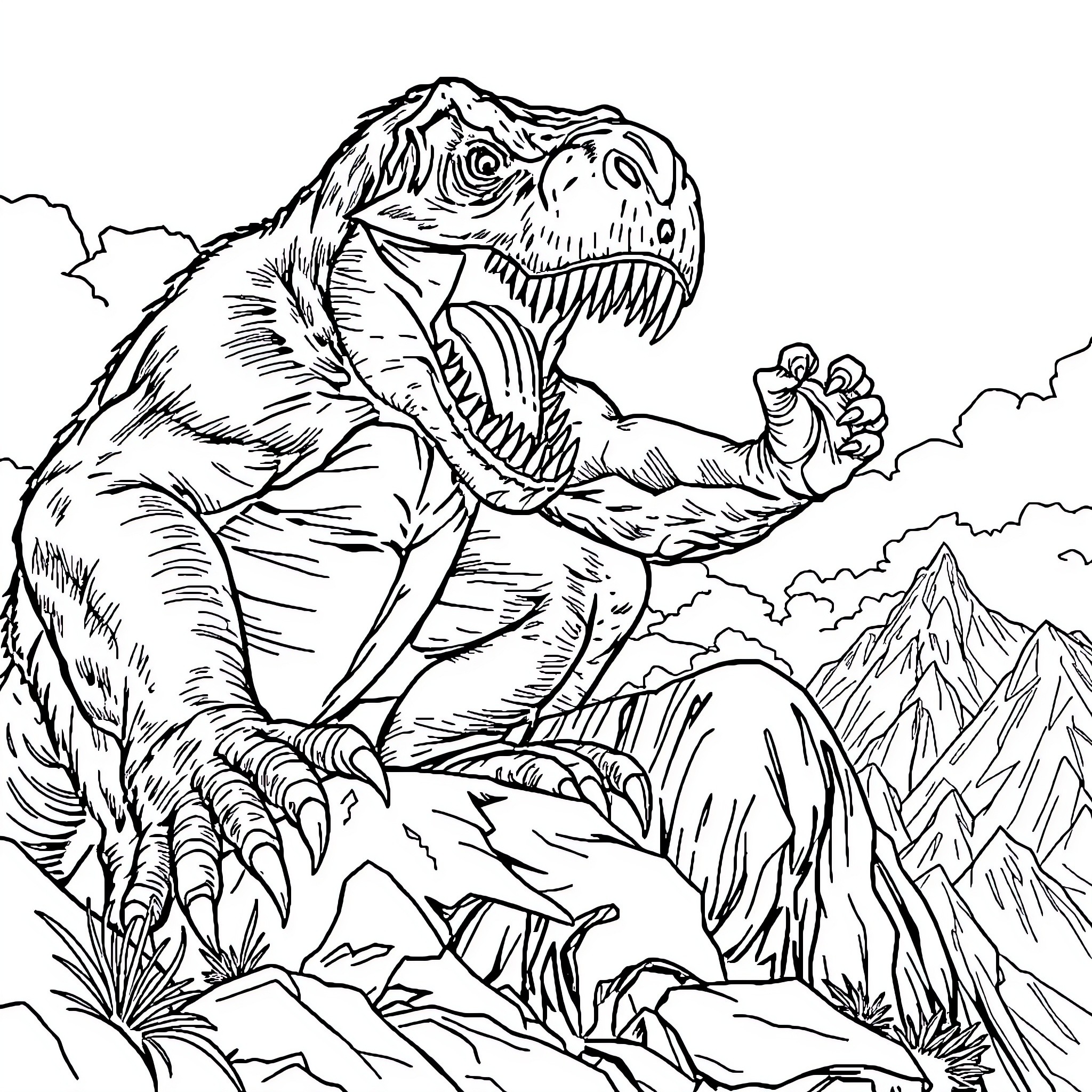 T-Rex Roaring Amid Prehistoric Landscape Coloring Page (free black-and-white line drawing printable PDF for all, from beginners to advanced learners, including children, teens, adults, and seniors)