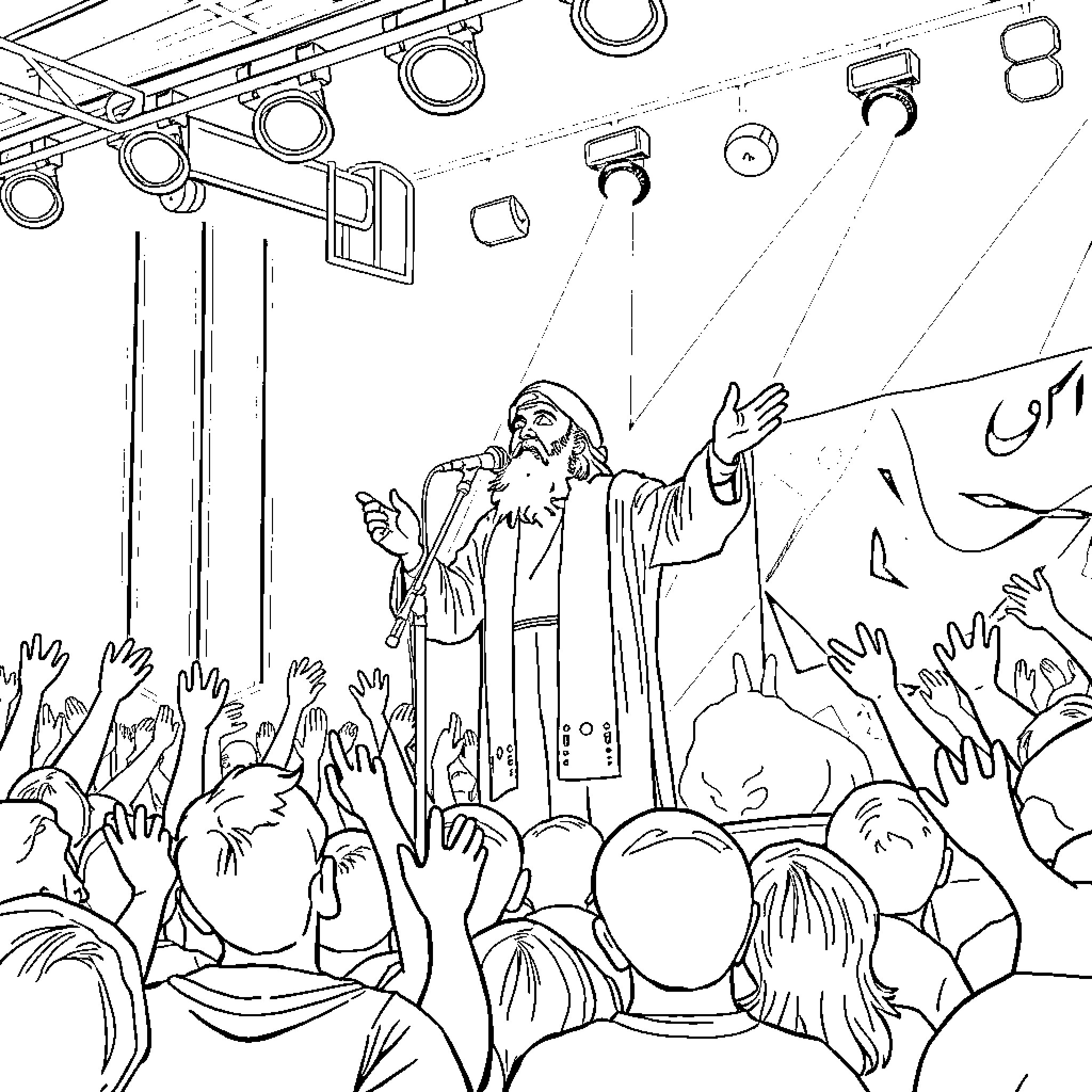 Rumi speaking passionately to a crowd Coloring Page (free black-and-white line drawing printable PDF for all, from beginners to advanced learners, including children, teens, adults, and seniors)