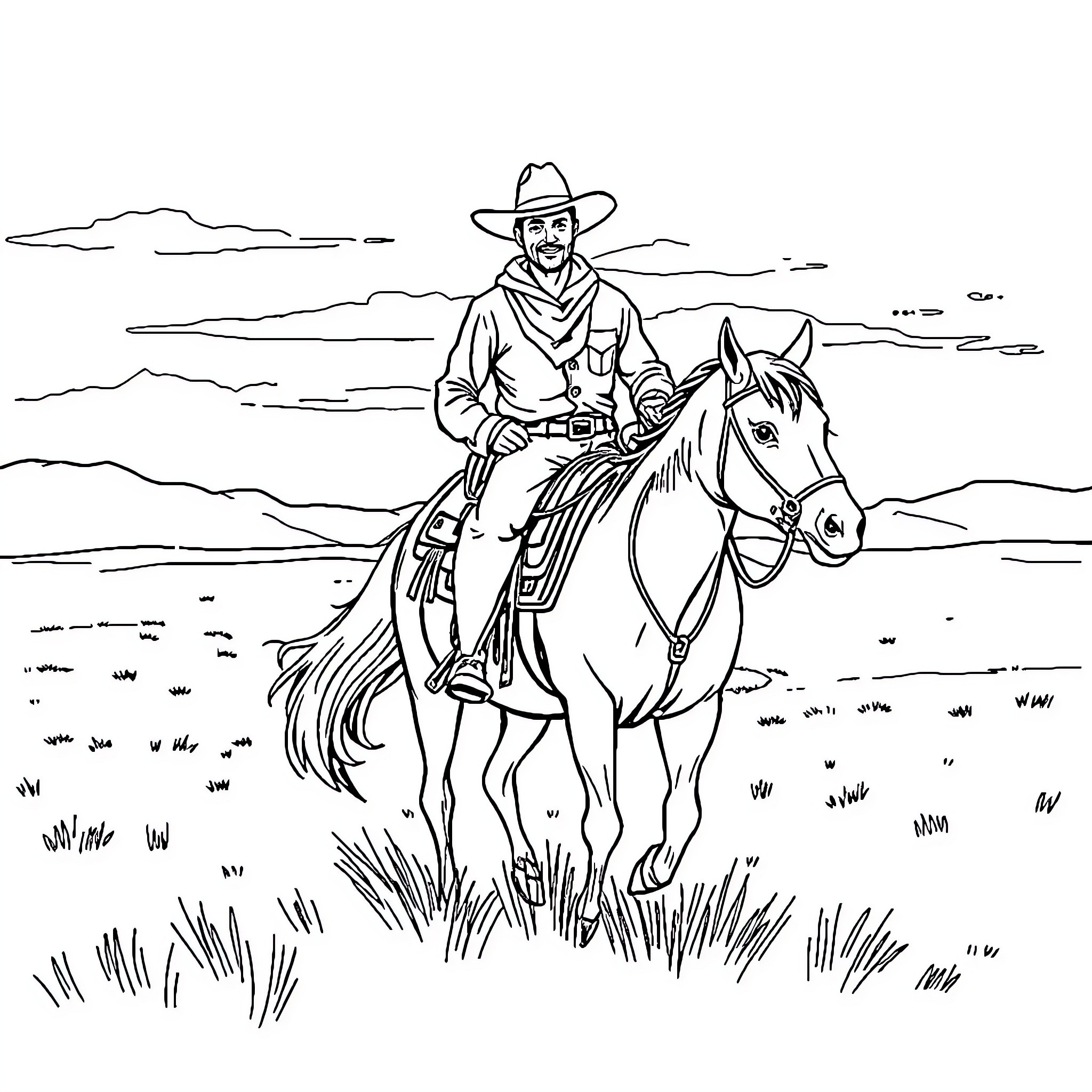 Cowboy riding horse across the open range Coloring Page (free black-and-white line drawing printable PDF for all, from beginners to advanced learners, including children, teens, adults, and seniors)