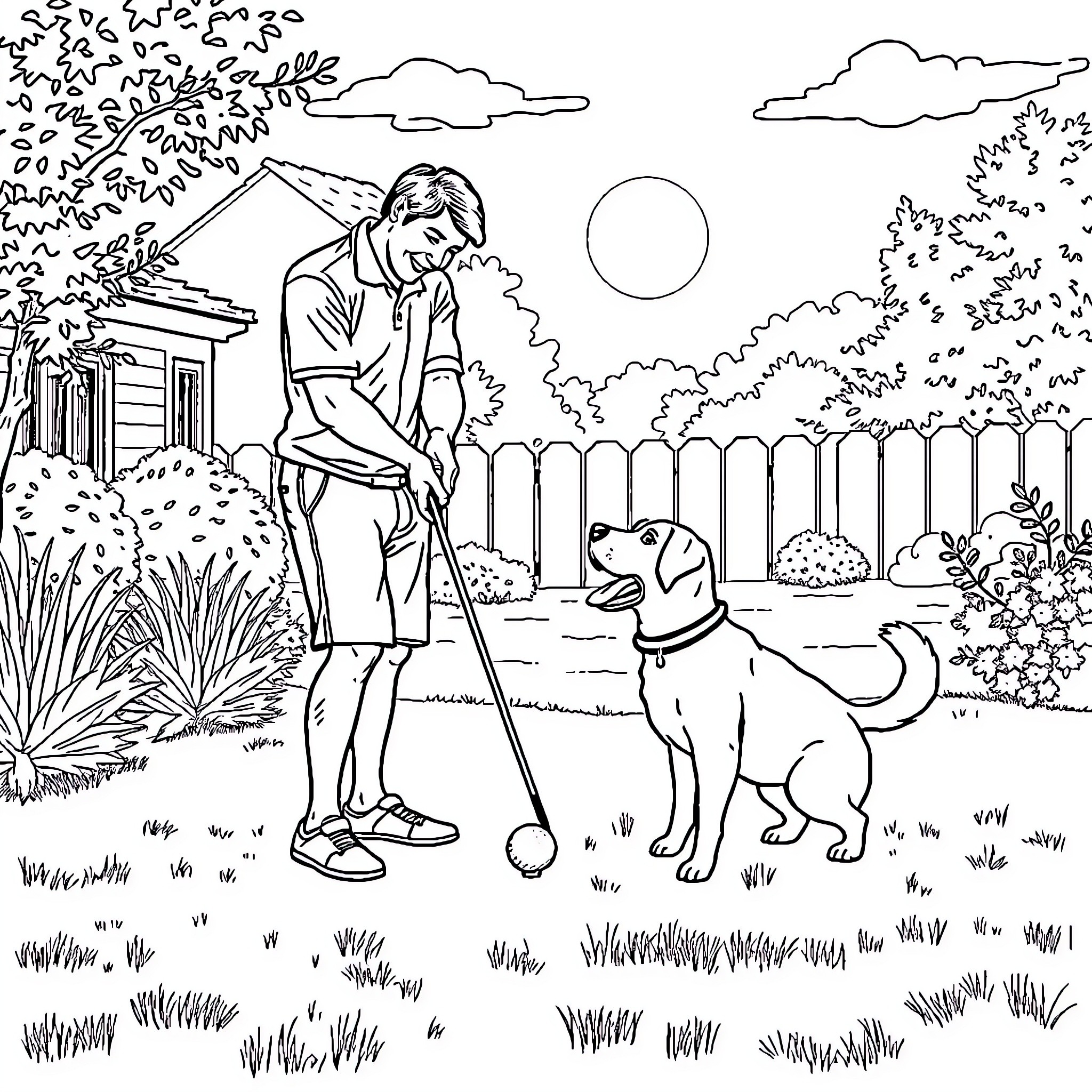 Dog accompanying person in backyard Coloring Page (free black-and-white line drawing printable PDF for all, from beginners to advanced learners, including children, teens, adults, and seniors)