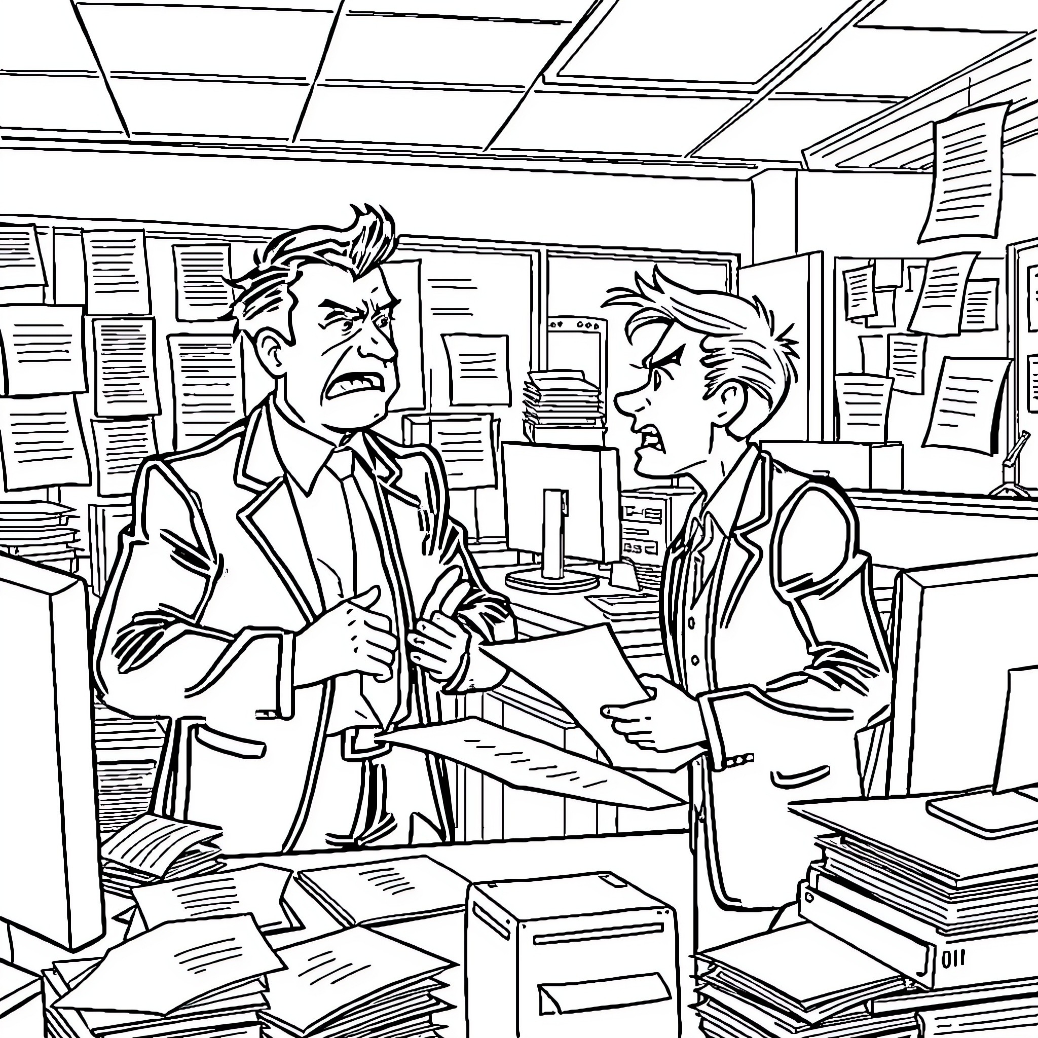 Boss's heated discussion with employee in the office Coloring Page (free black-and-white line drawing printable PDF for all, from beginners to advanced learners, including children, teens, adults, and seniors)