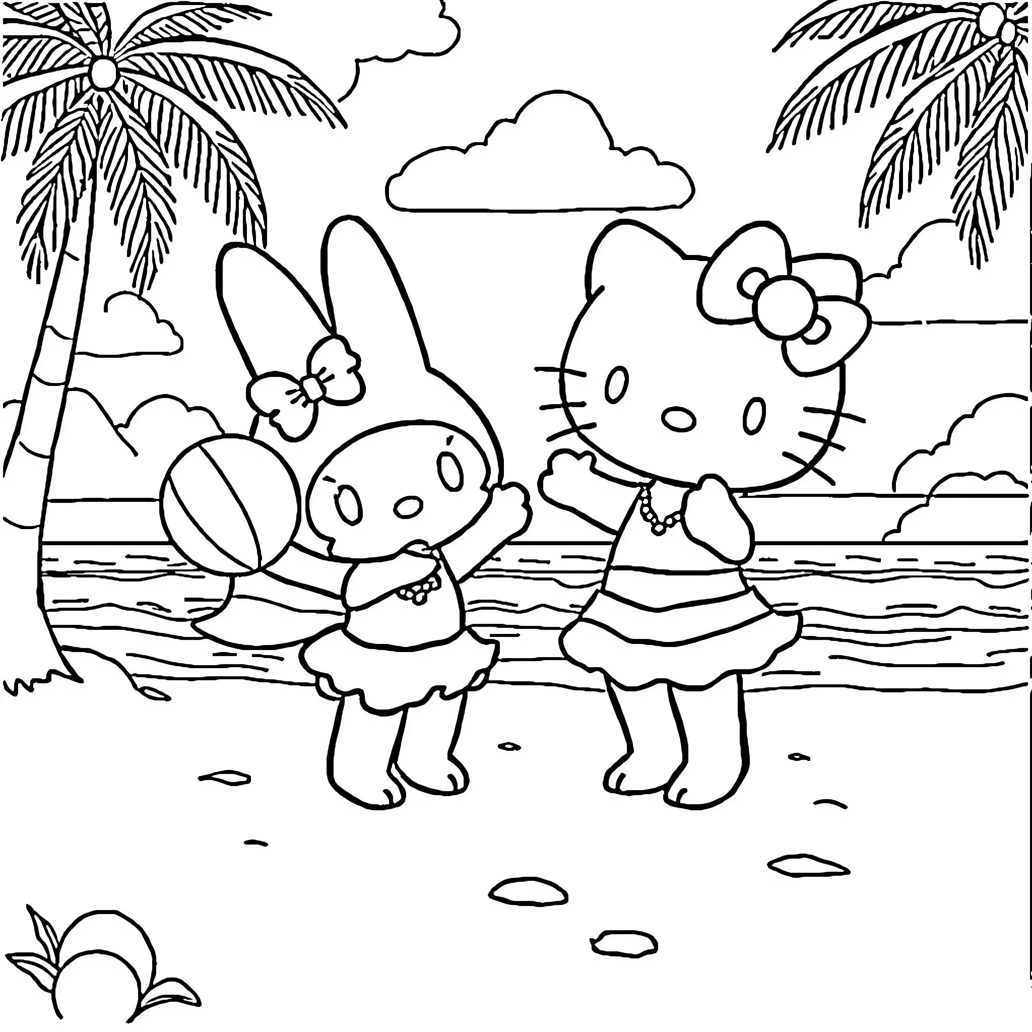 My Melody and Hello Kitty playing on the beach Coloring Page (free black-and-white line drawing printable PDF for all, from beginners to advanced learners, including children, teens, adults, and seniors)