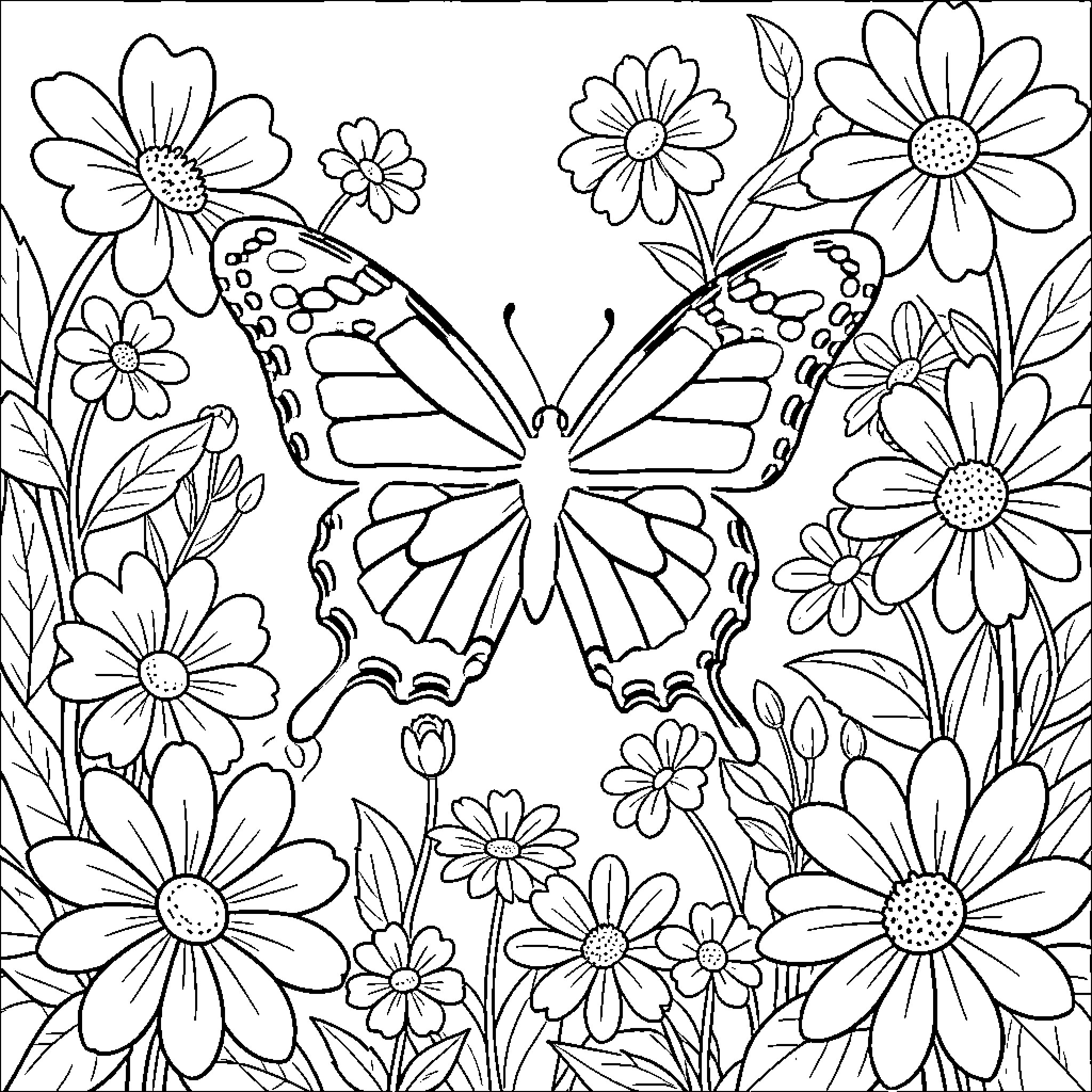 Butterfly flying among blooming flowers Coloring Page (free black-and-white line drawing printable PDF for all, from beginners to advanced learners, including children, teens, adults, and seniors)
