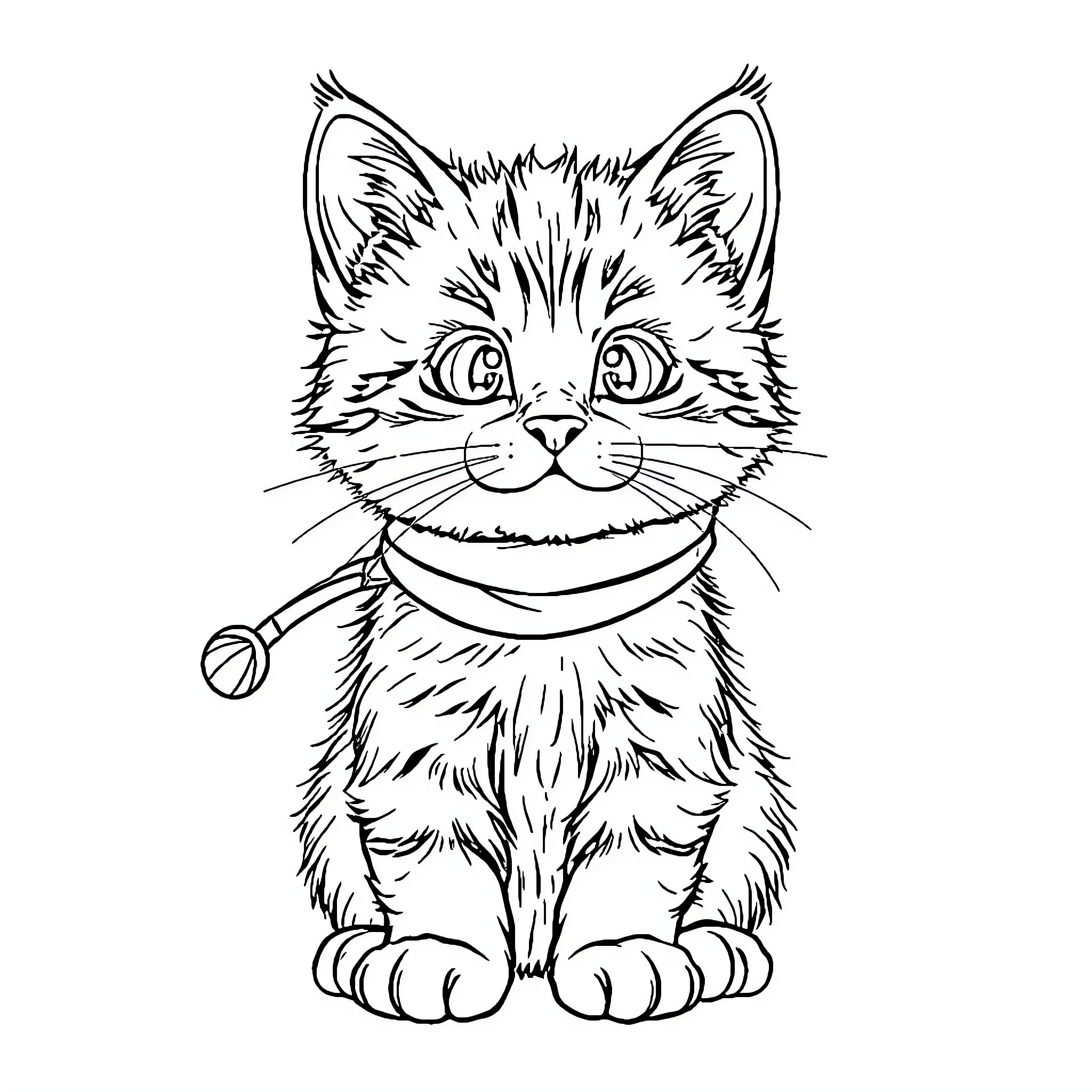 Cat wearing scarf in black and white drawing Coloring Page (free black-and-white line drawing printable PDF for all, from beginners to advanced learners, including children, teens, adults, and seniors)