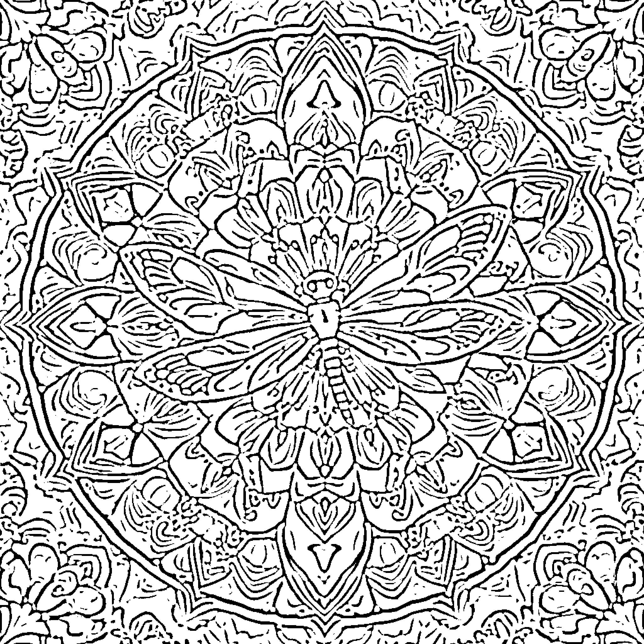 Dragonfly dancing gracefully in a mandala pattern Coloring Page (free black-and-white line drawing printable PDF for all, from beginners to advanced learners, including children, teens, adults, and seniors)