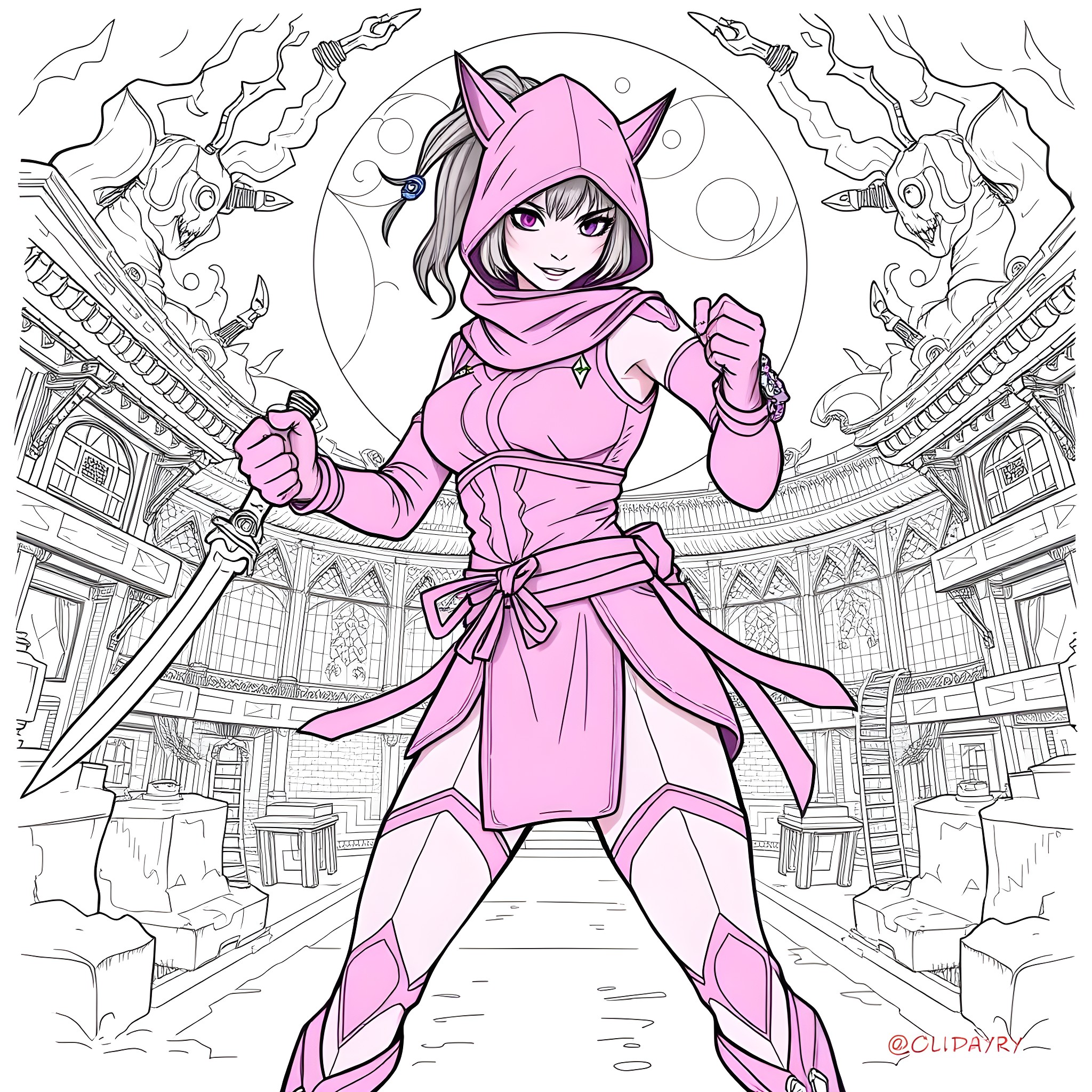 Mileena: Fierce Warrior in Action Coloring Page (free black-and-white line drawing printable PDF for all, from beginners to advanced learners, including children, teens, adults, and seniors)