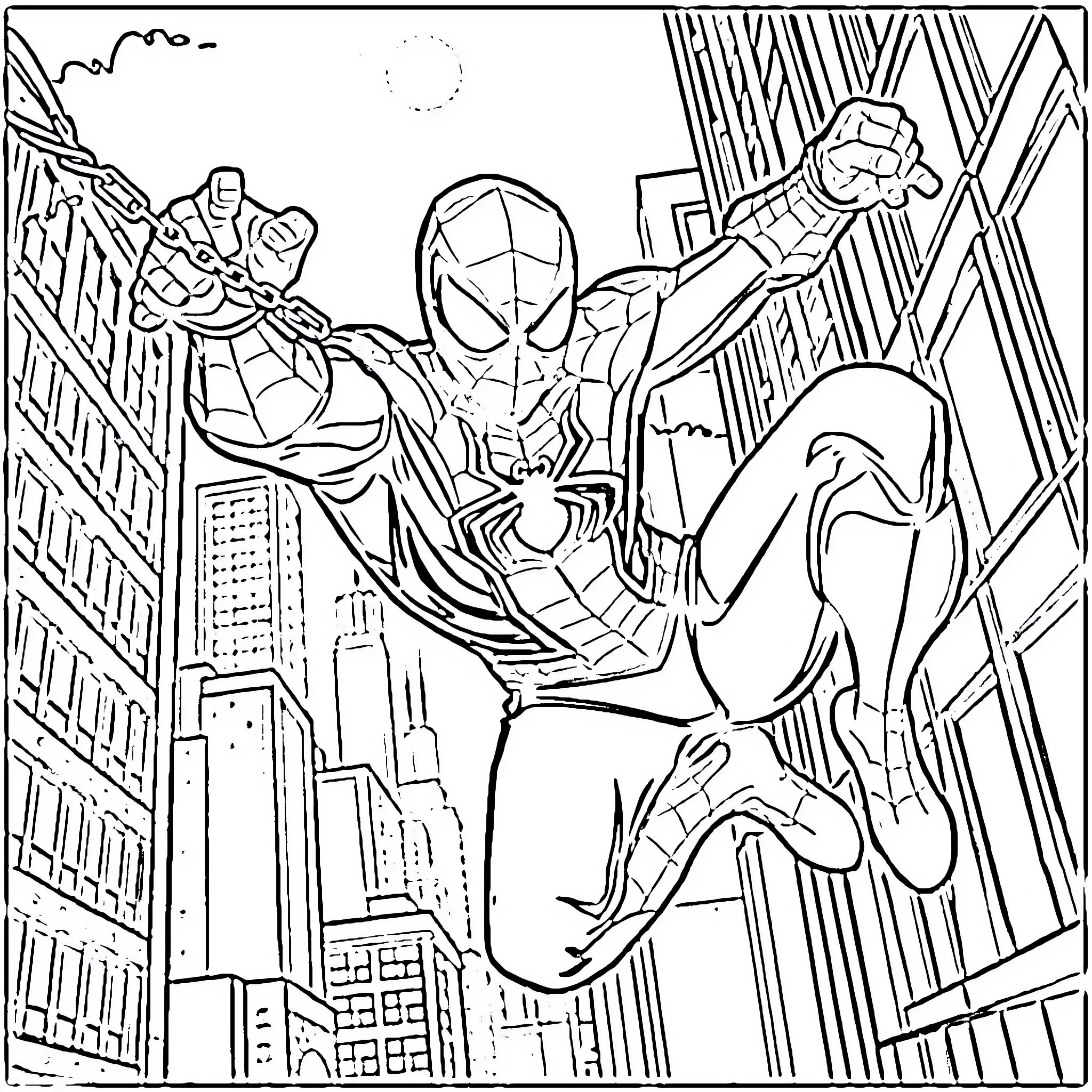 Spider-Man swinging through the city skyline Coloring Page (free black-and-white line drawing printable PDF for all, from beginners to advanced learners, including children, teens, adults, and seniors)