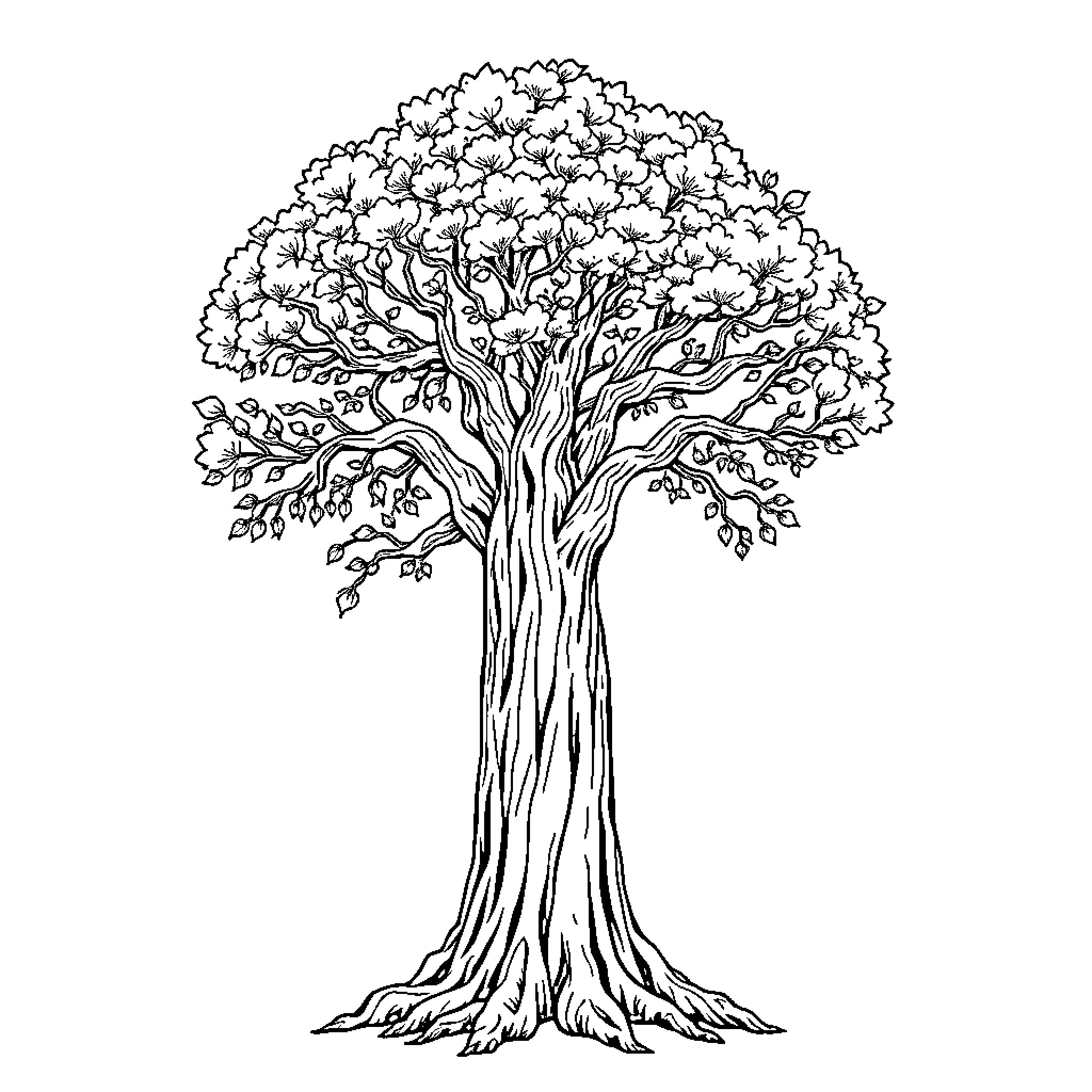 Sharingam: Detailed Depiction of a Flourishing Tree Coloring Page (free black-and-white line drawing printable PDF for all, from beginners to advanced learners, including children, teens, adults, and seniors)