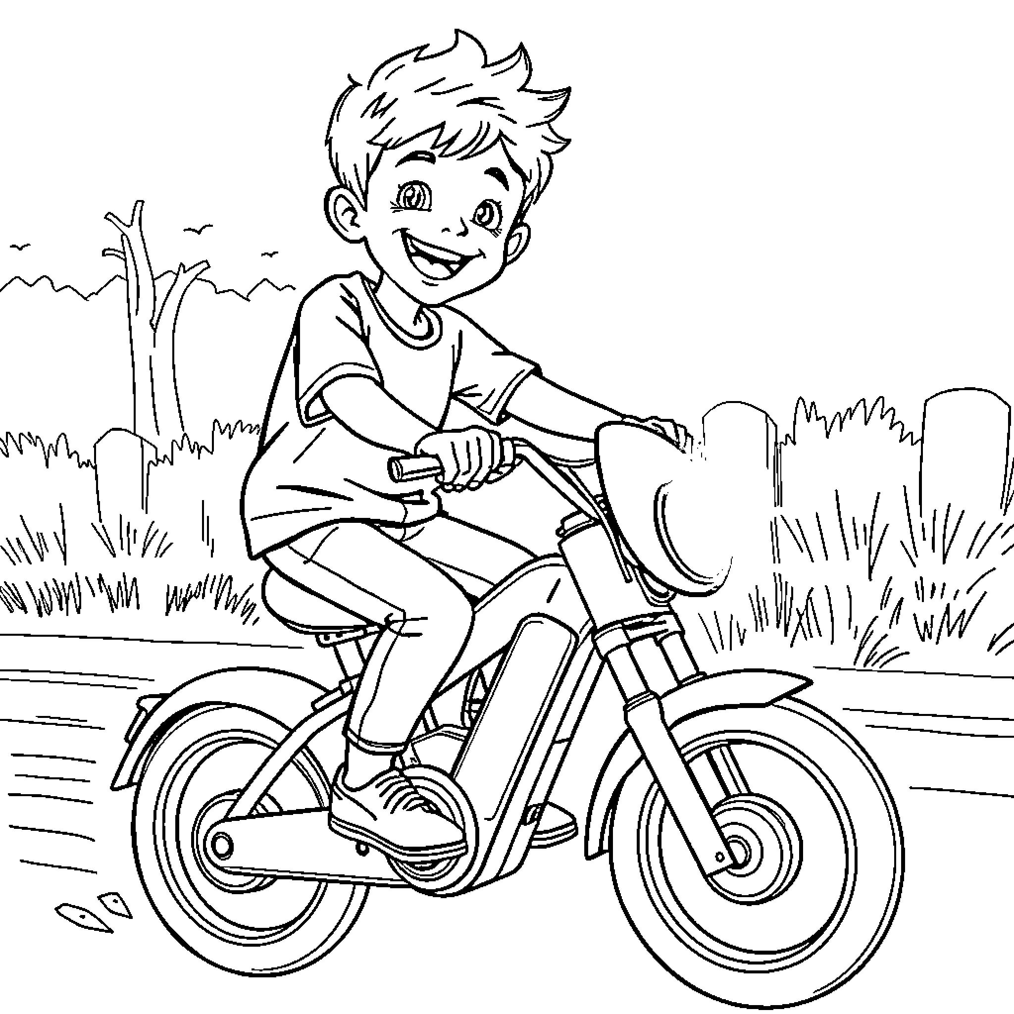 Boy riding a bicycle happily in the park Coloring Page (free black-and-white line drawing printable PDF for all, from beginners to advanced learners, including children, teens, adults, and seniors)