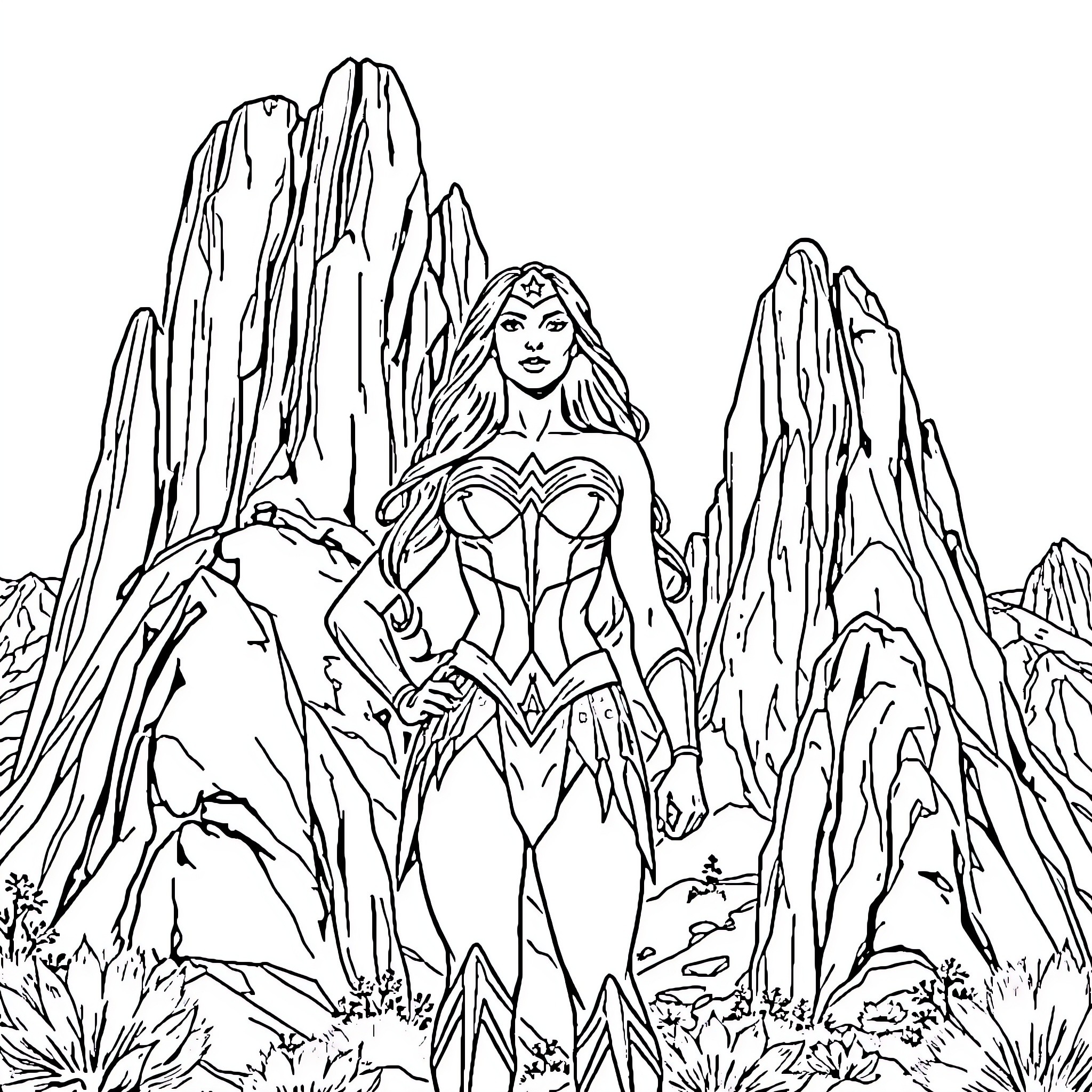 Wonder Woman standing heroically in the mountains Coloring Page (free black-and-white line drawing printable PDF for all, from beginners to advanced learners, including children, teens, adults, and seniors)