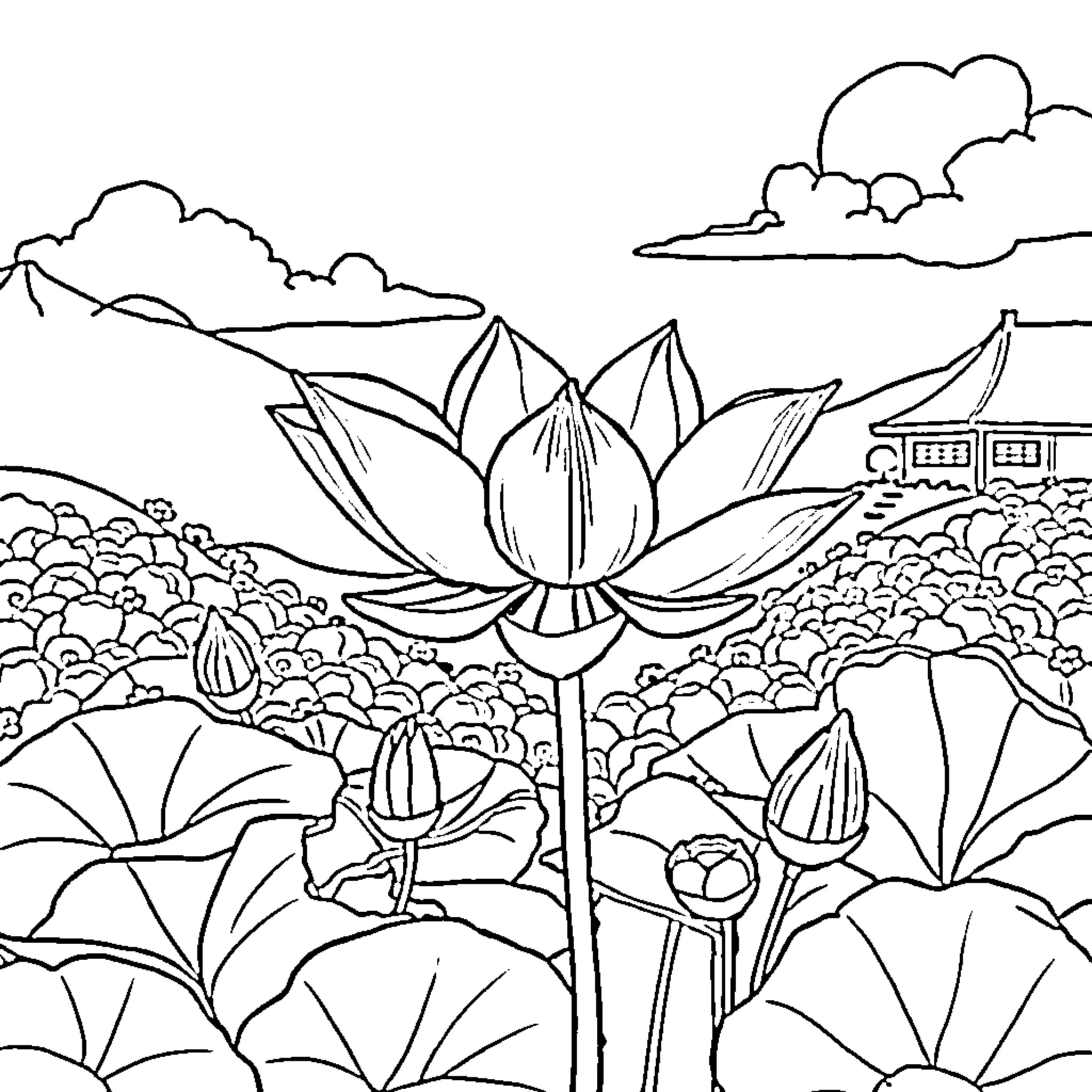Lotus Flowers in a Serene Landscape Coloring Page (free black-and-white line drawing printable PDF for all, from beginners to advanced learners, including children, teens, adults, and seniors)
