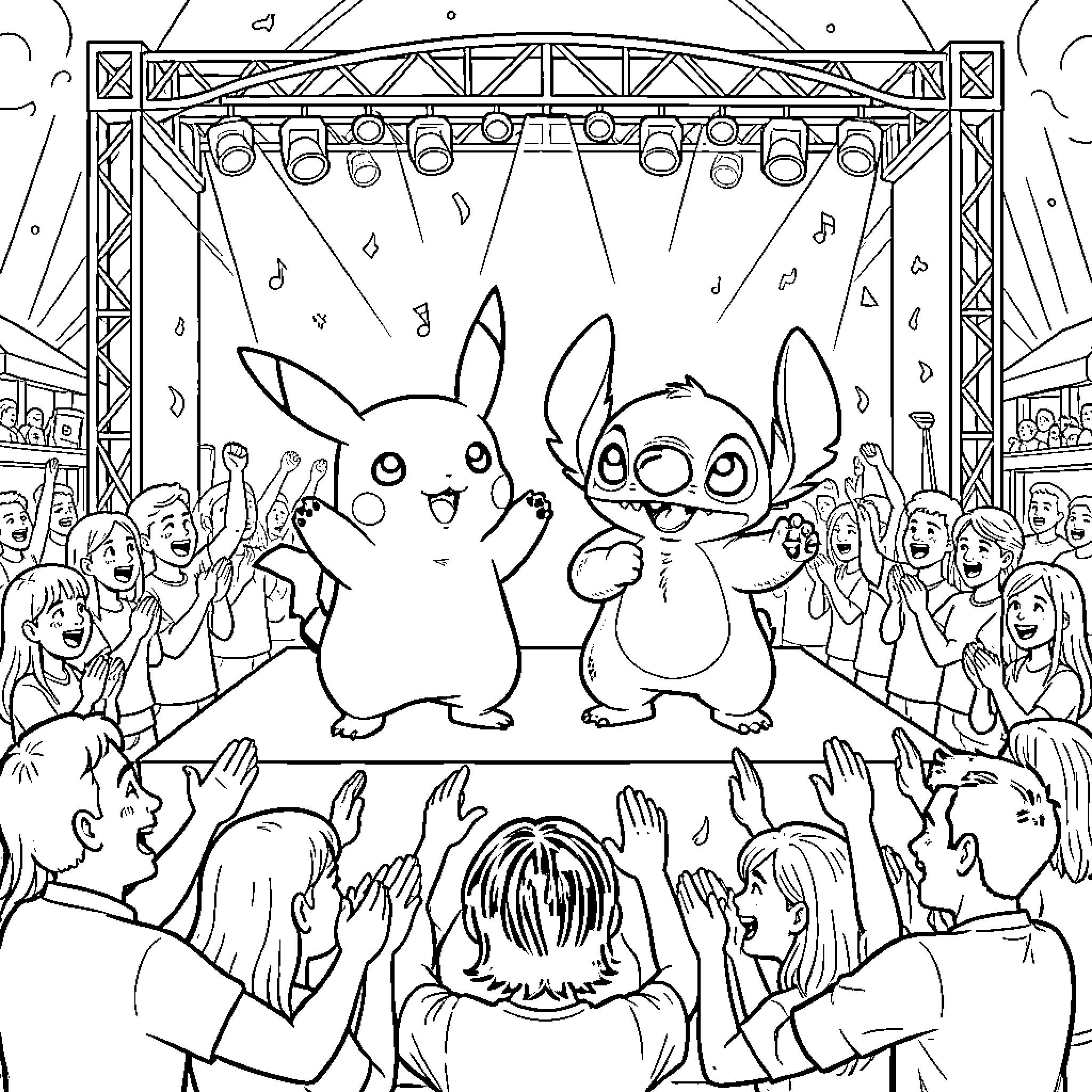 Pikachu and Stitch performing on a concert stage Coloring Page (free black-and-white line drawing printable PDF for all, from beginners to advanced learners, including children, teens, adults, and seniors)