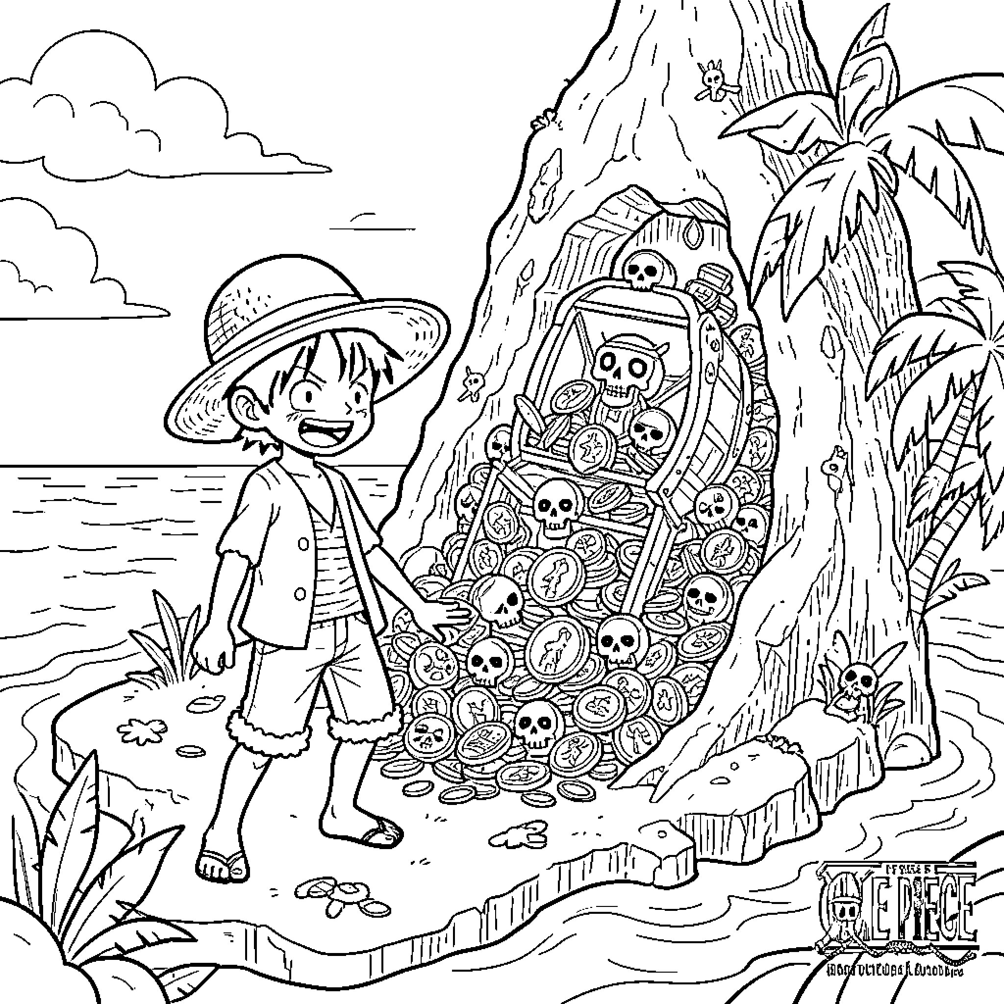 Luffy exploring the mysterious treasure cave Coloring Page (free black-and-white line drawing printable PDF for all, from beginners to advanced learners, including children, teens, adults, and seniors)