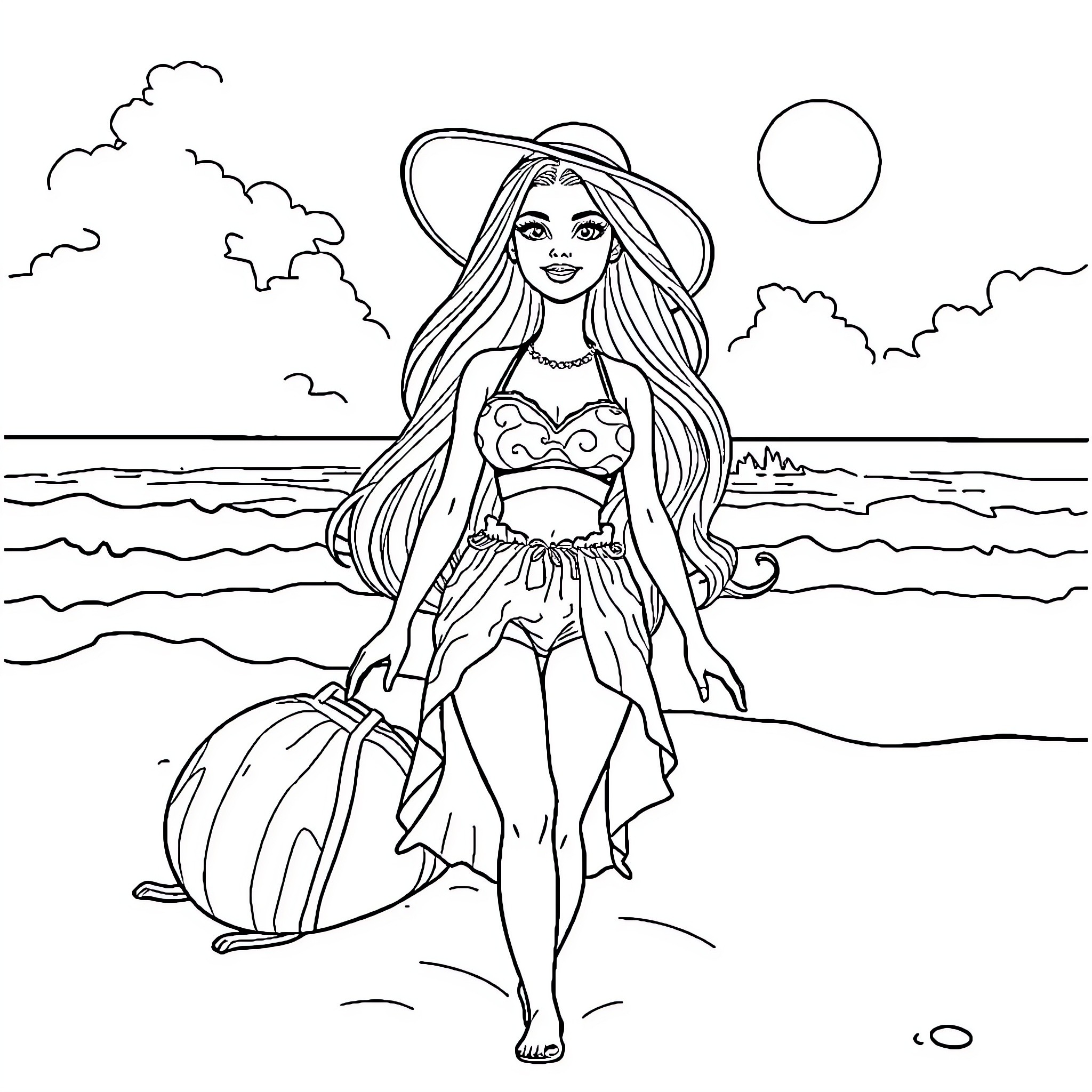 Barbie enjoying a sunny day at the beach Coloring Page (free black-and-white line drawing printable PDF for all, from beginners to advanced learners, including children, teens, adults, and seniors)