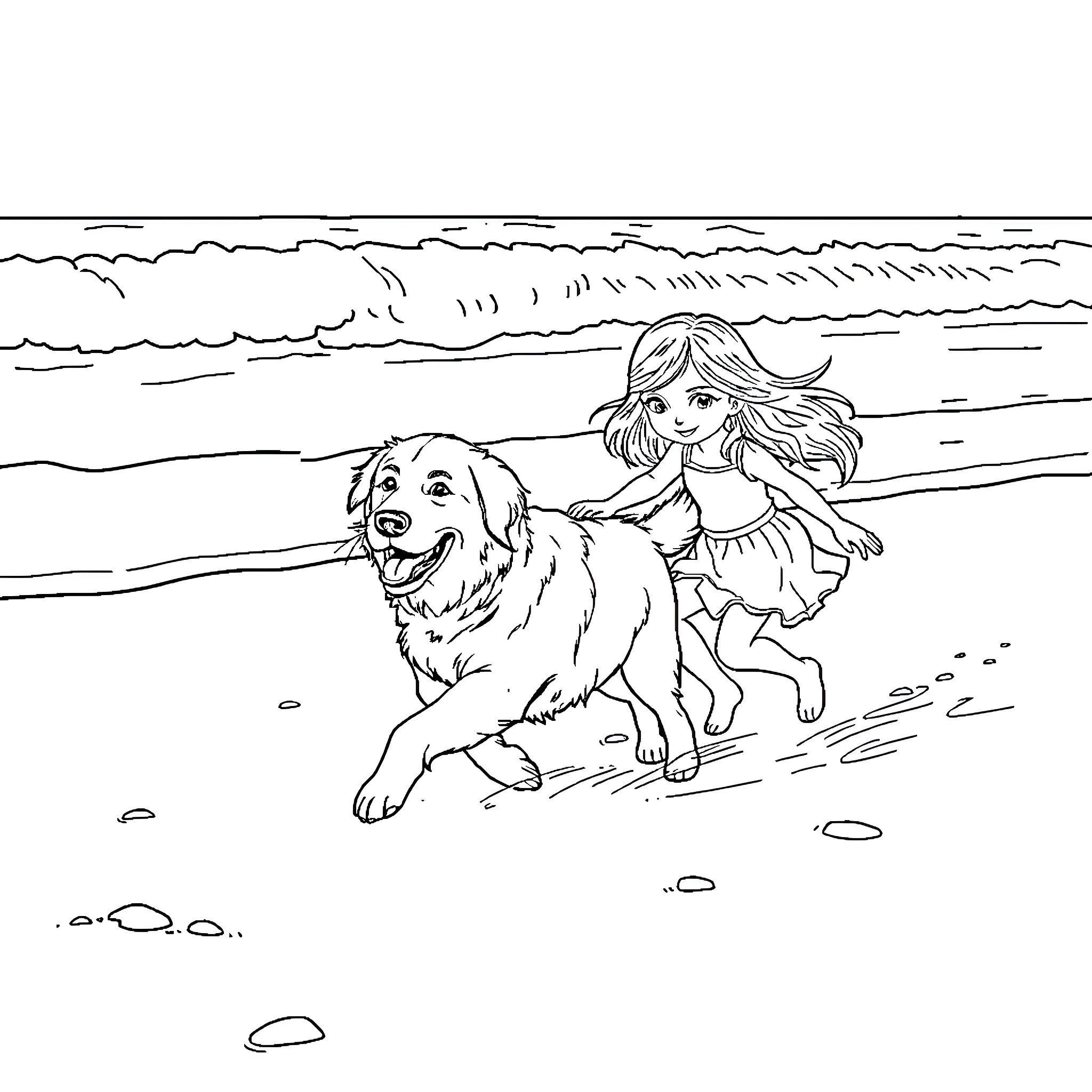 Golden Retriever playing happily with girl on the beach Coloring Page (free black-and-white line drawing printable PDF for all, from beginners to advanced learners, including children, teens, adults, and seniors)