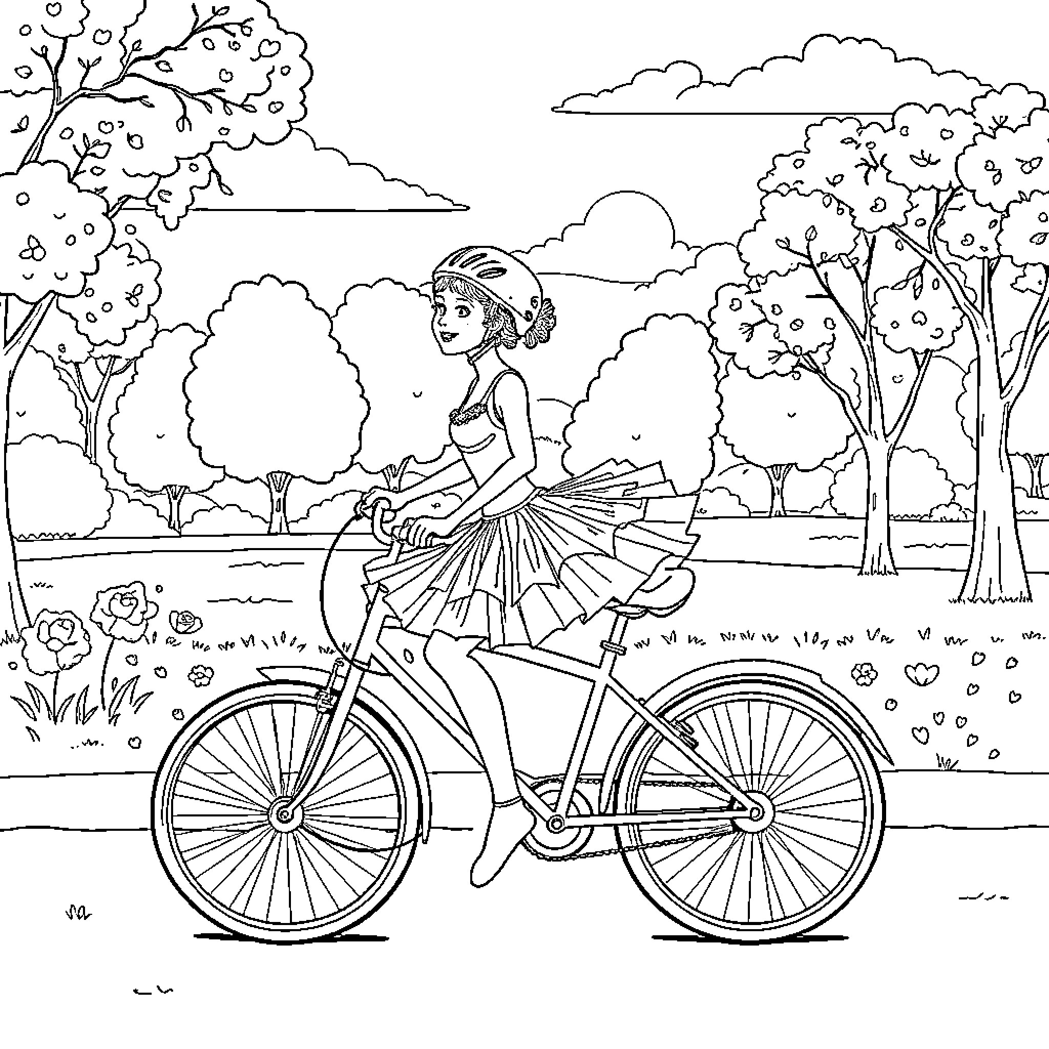 Ballerina riding a bicycle in a park Coloring Page (free black-and-white line drawing printable PDF for all, from beginners to advanced learners, including children, teens, adults, and seniors)