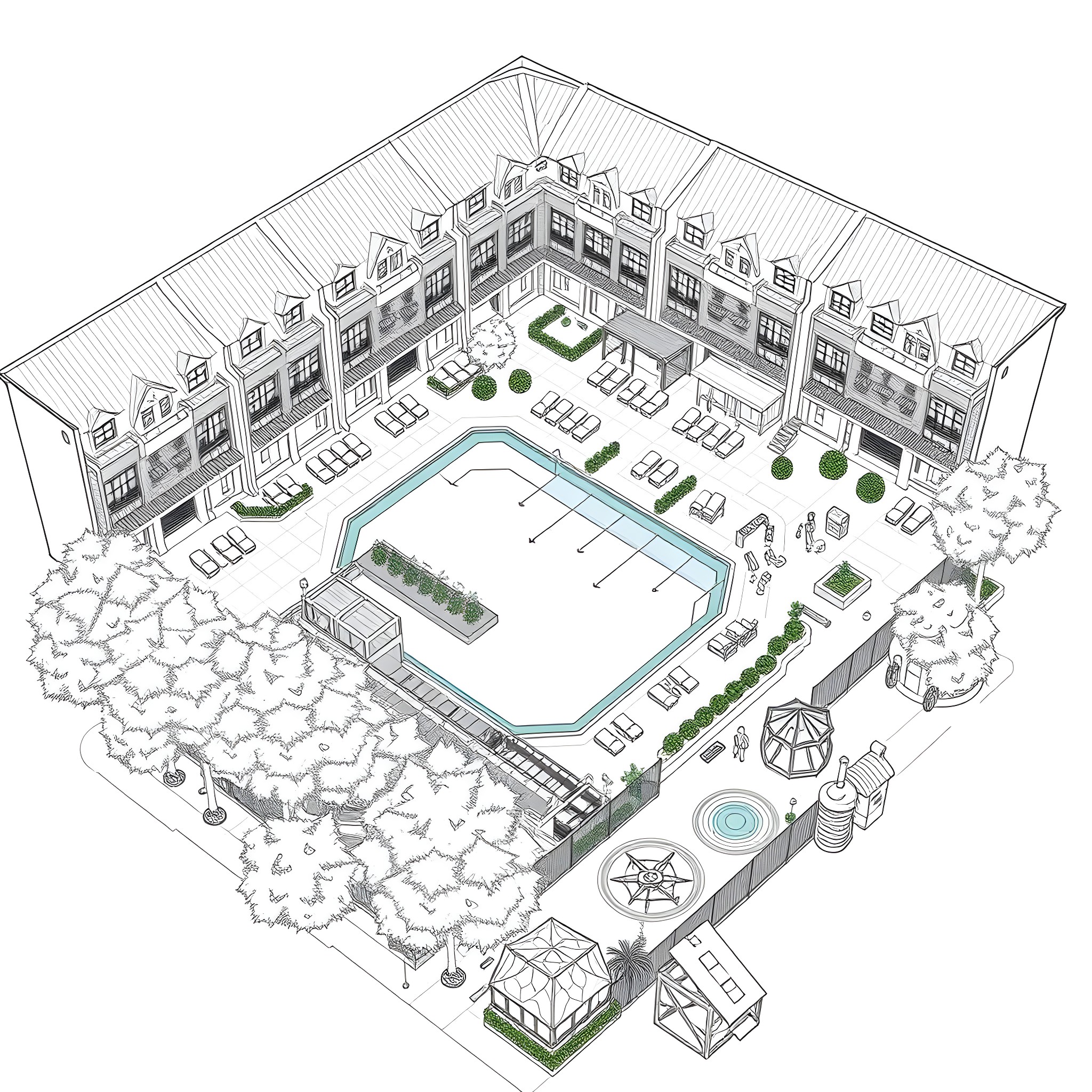 Apartment complex with outdoor pool and amenities Coloring Page (free black-and-white line drawing printable PDF for all, from beginners to advanced learners, including children, teens, adults, and seniors)