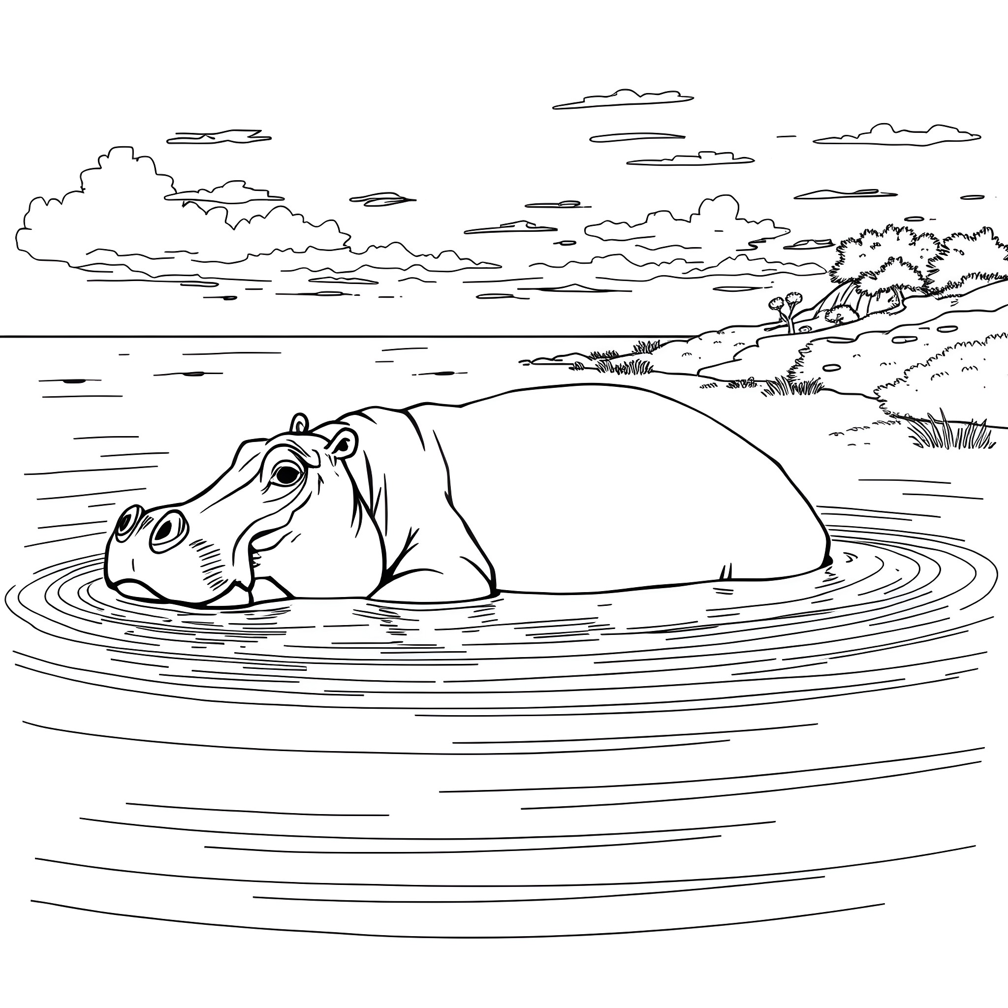 Hippopotamus enjoying a relaxing swim in the lake Coloring Page (free black-and-white line drawing printable PDF for all, from beginners to advanced learners, including children, teens, adults, and seniors)