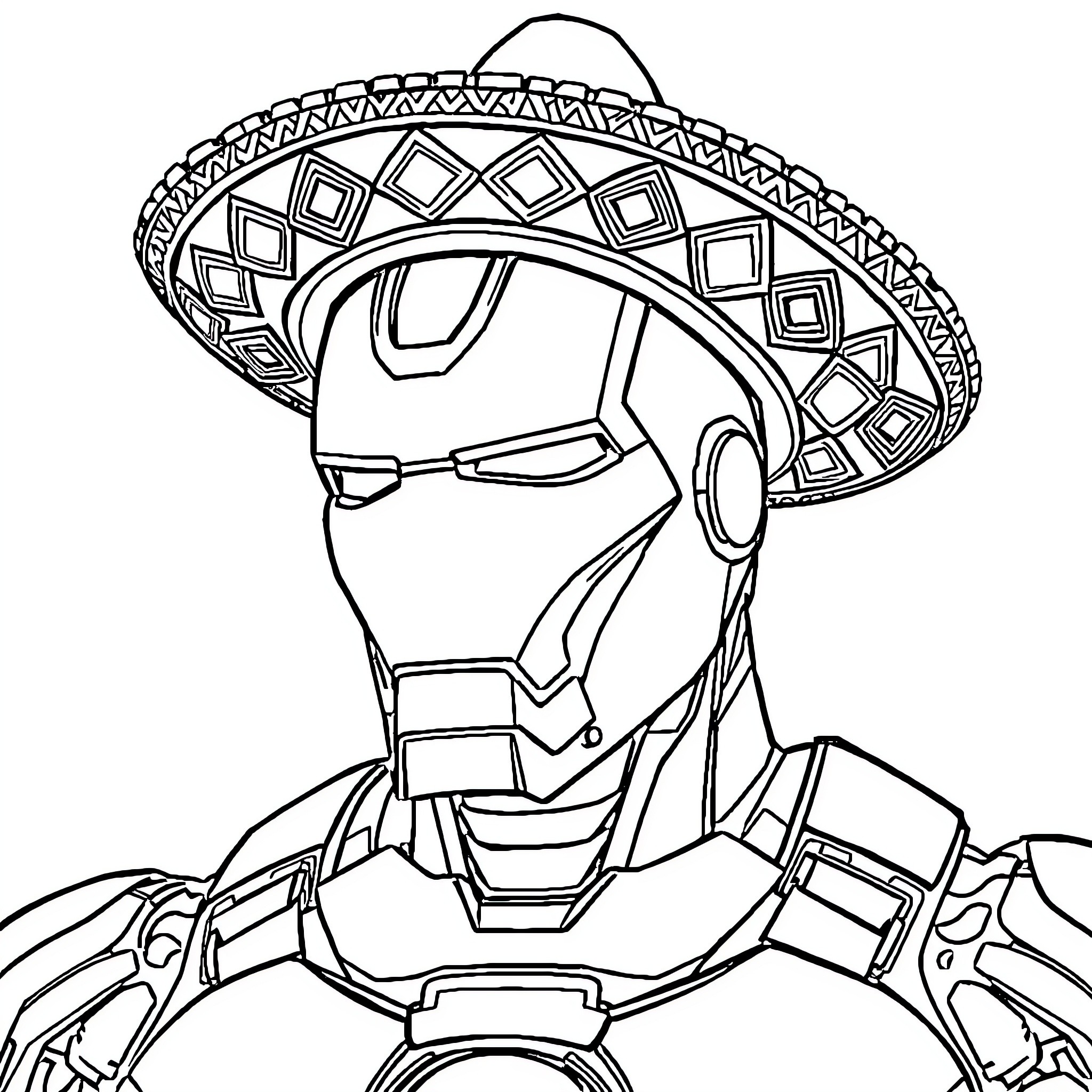 Iron Man in Decorative Sombrero Helmet Coloring Page (free black-and-white line drawing printable PDF for all, from beginners to advanced learners, including children, teens, adults, and seniors)