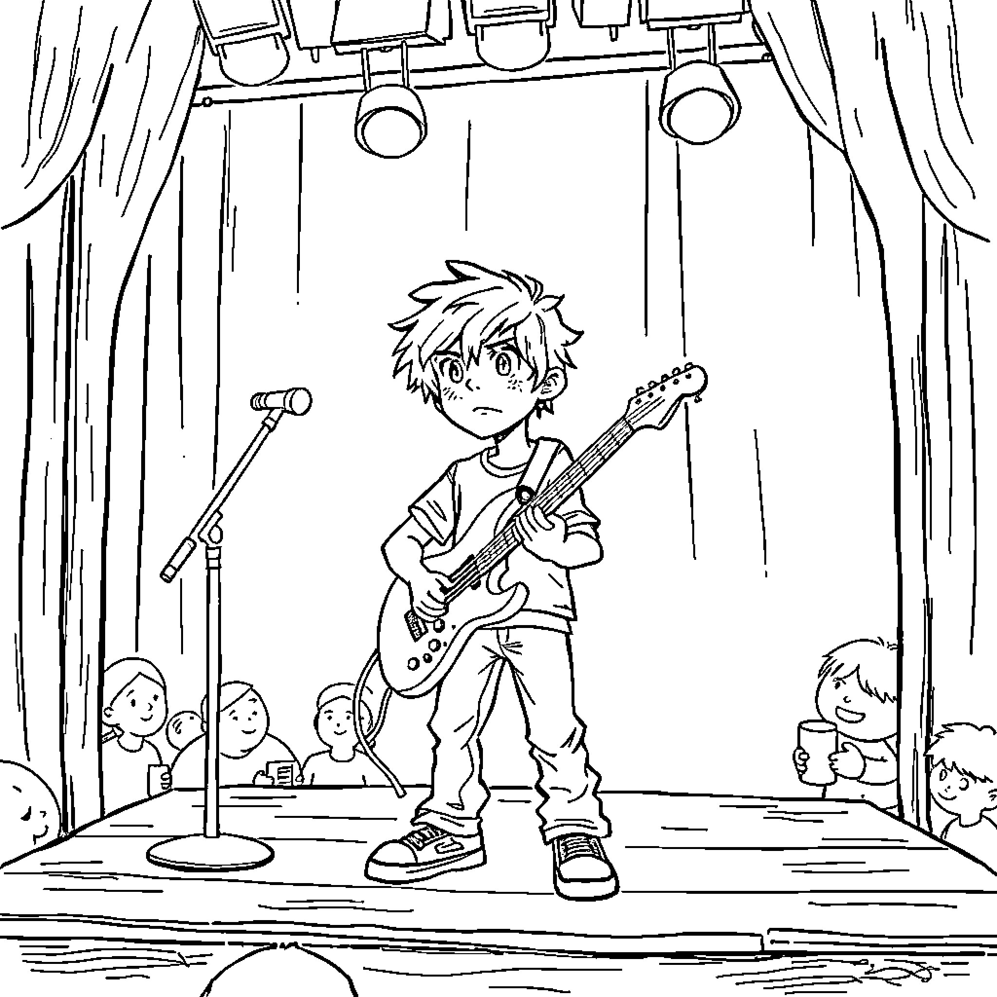 Teenager performing on stage with guitar Coloring Page (free black-and-white line drawing printable PDF for all, from beginners to advanced learners, including children, teens, adults, and seniors)