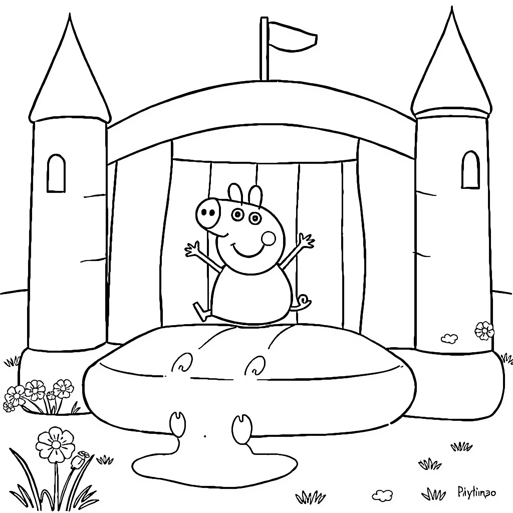 Pepa's Playful Castle Adventure Coloring Page (free black-and-white line drawing printable PDF for all, from beginners to advanced learners, including children, teens, adults, and seniors)