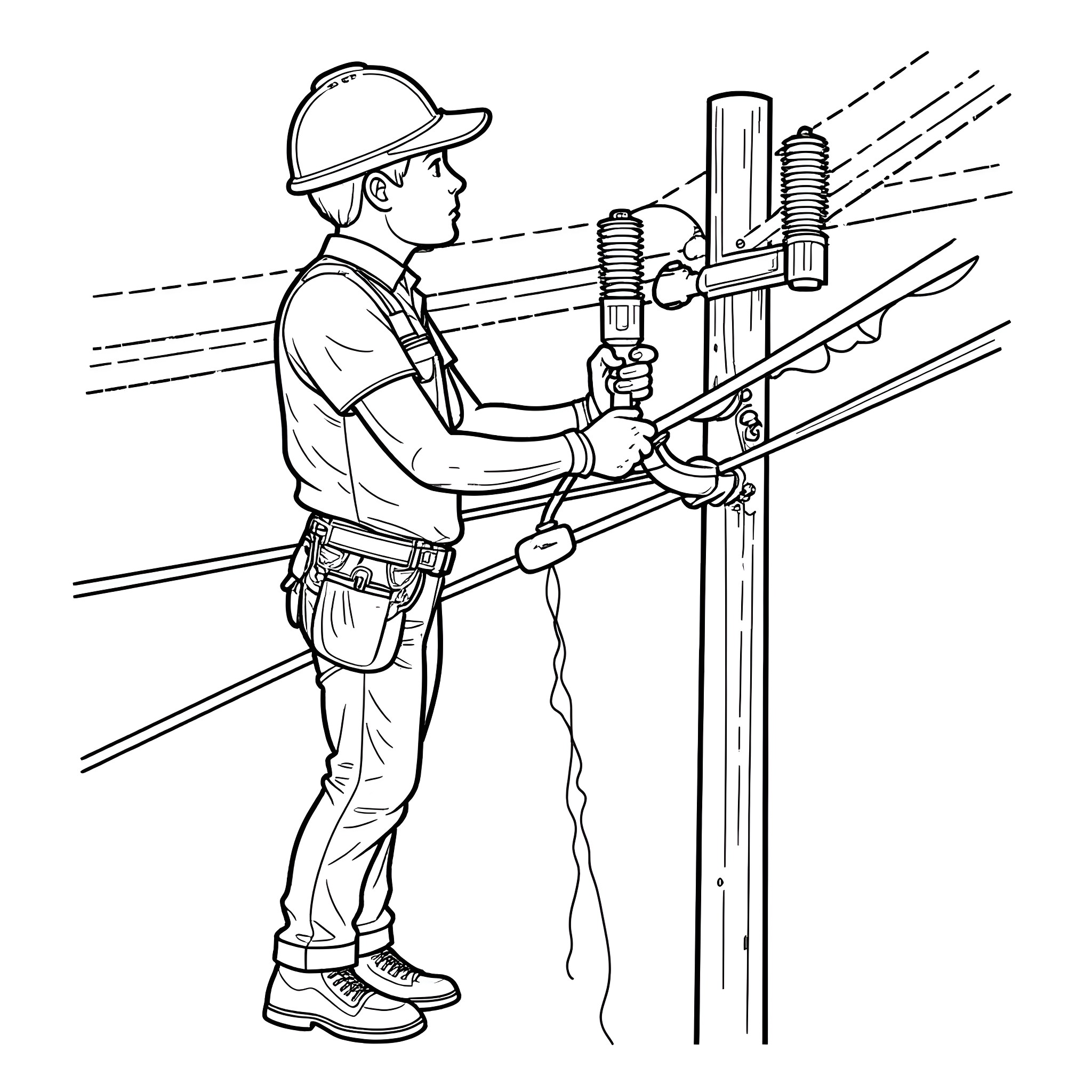 Electrician repairing high-voltage power line equipment Coloring Page (free black-and-white line drawing printable PDF for all, from beginners to advanced learners, including children, teens, adults, and seniors)