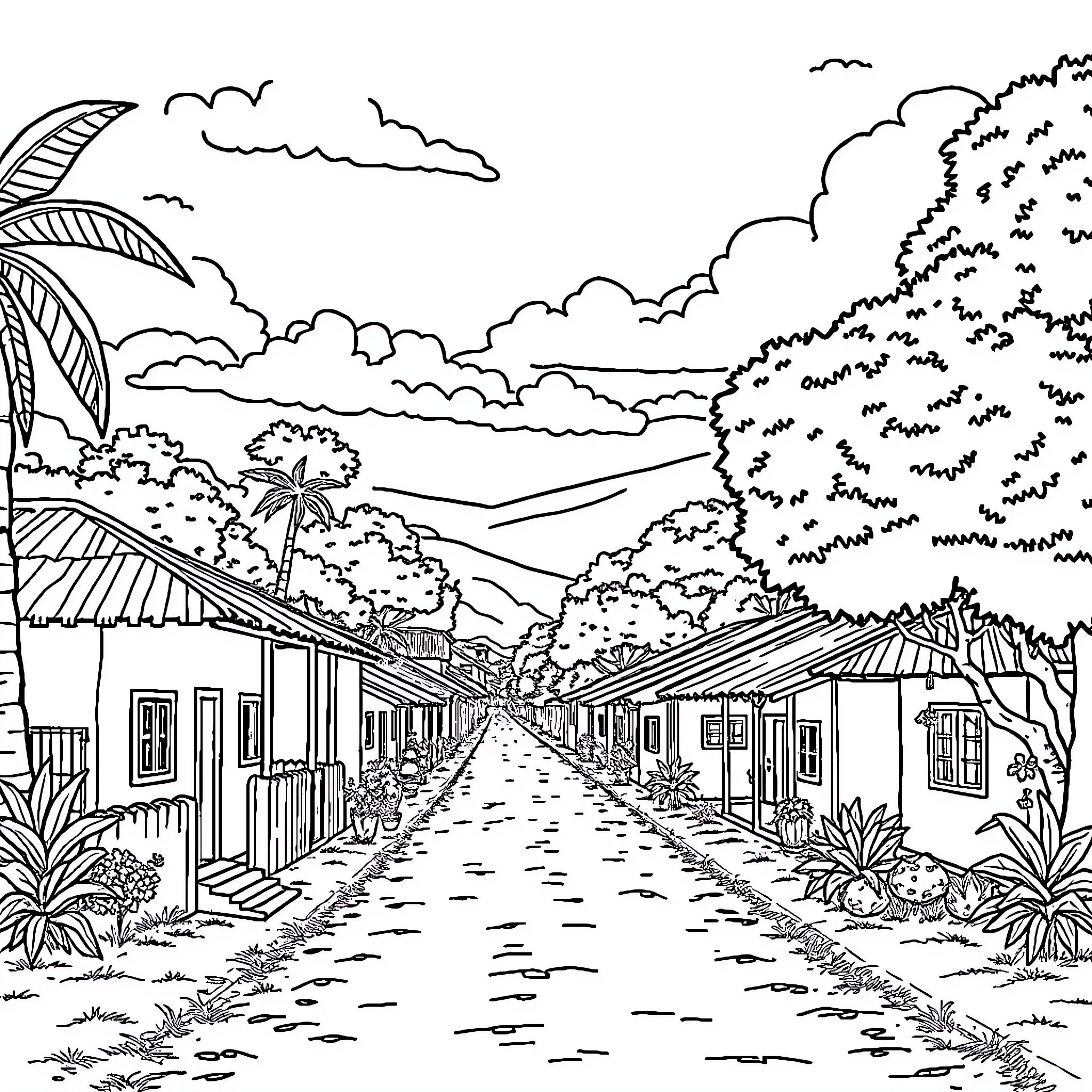 Barrio Street Scene with Vibrant Atmosphere Coloring Page (free black-and-white line drawing printable PDF for all, from beginners to advanced learners, including children, teens, adults, and seniors)