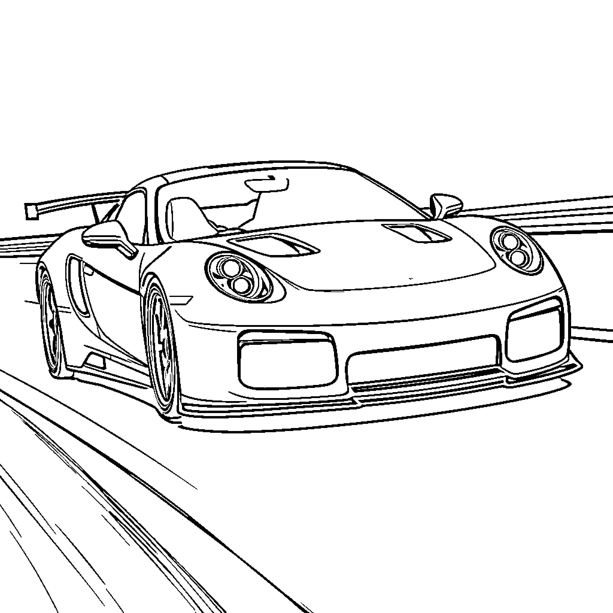 Car racing at high speed on the track Coloring Page (free black-and-white line drawing printable PDF for all, from beginners to advanced learners, including children, teens, adults, and seniors)